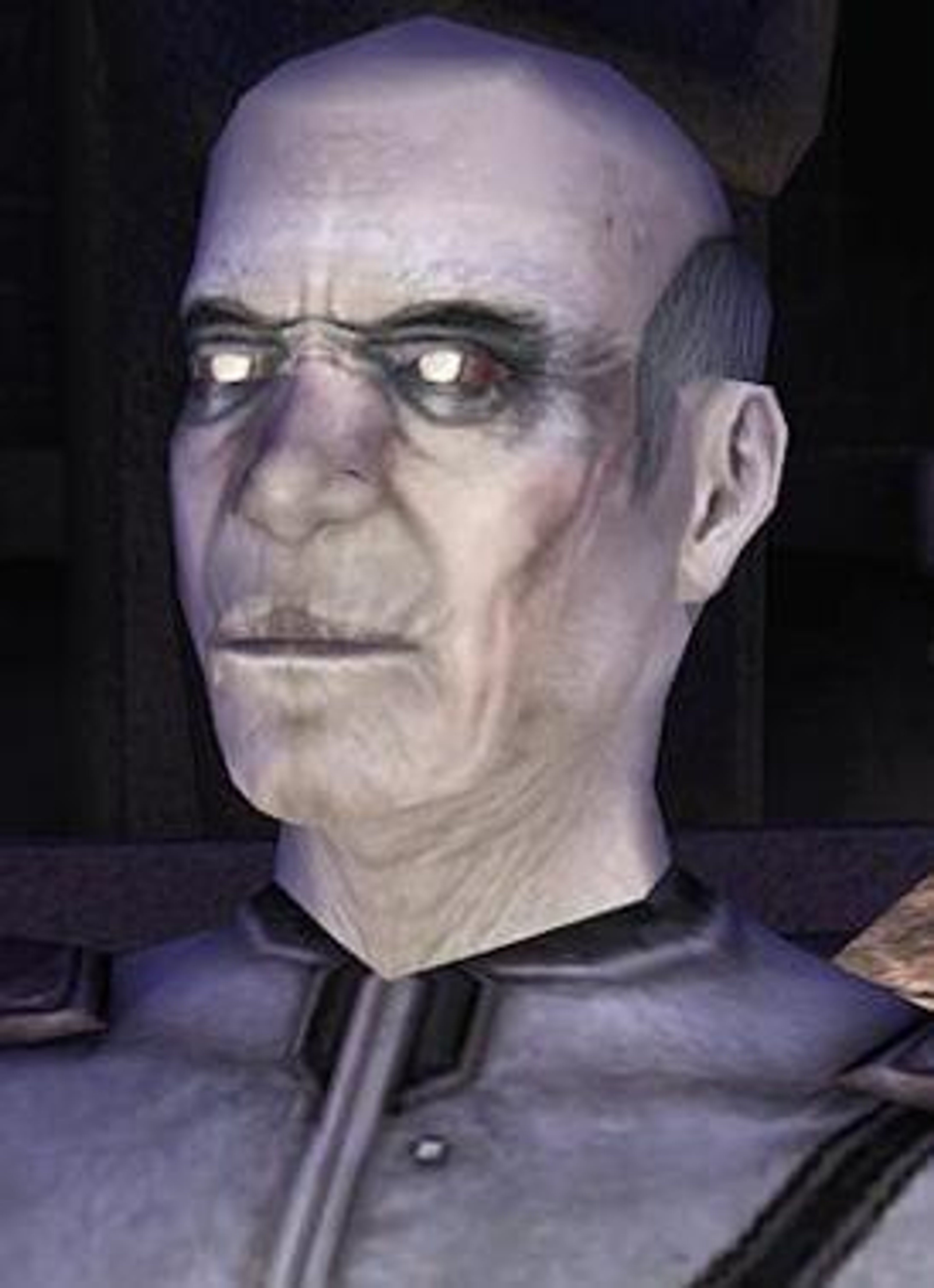 An elderly, bald human male with pale skin and white eyes, wearing a dark robe or cloak