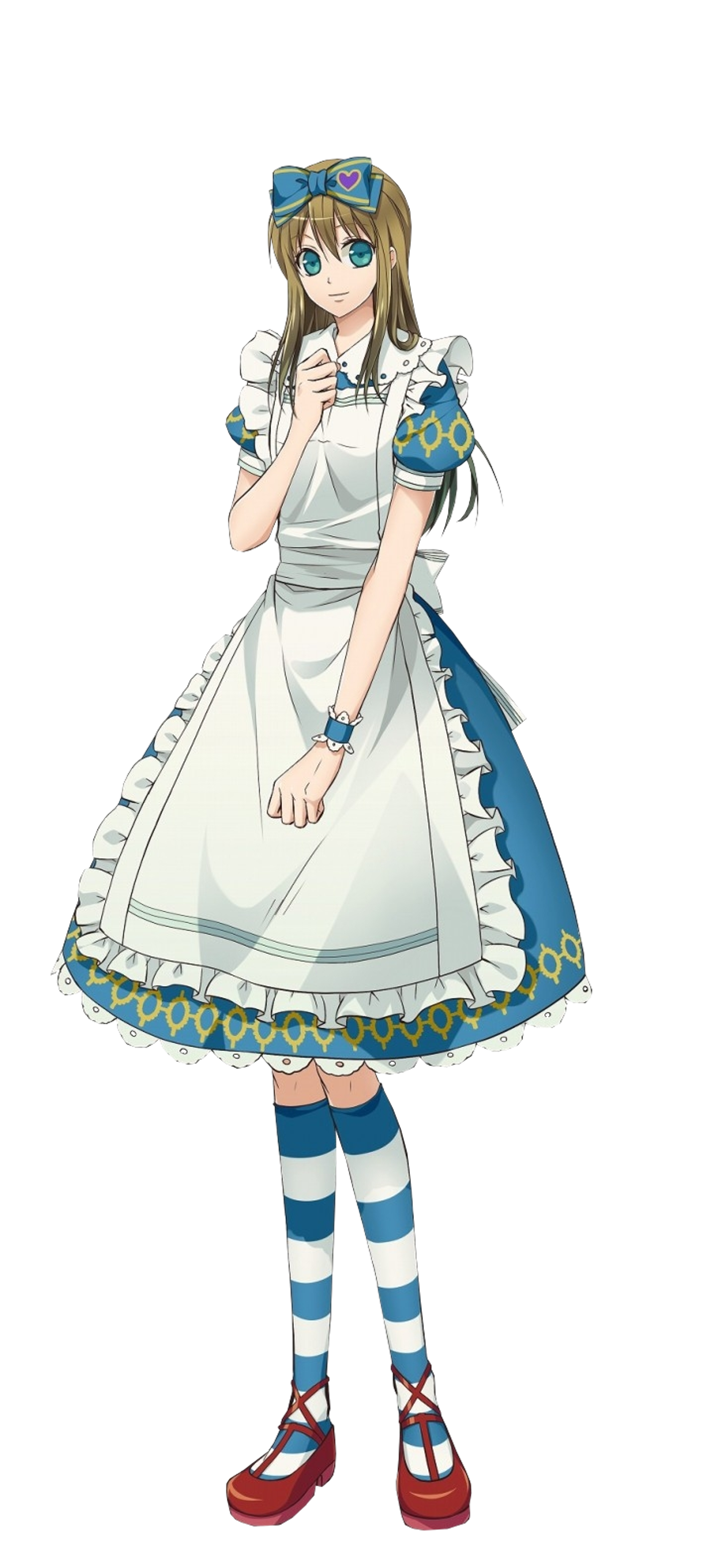 A young woman in a blue dress and white pinafore with long blonde or light brown hair and blue eyes.