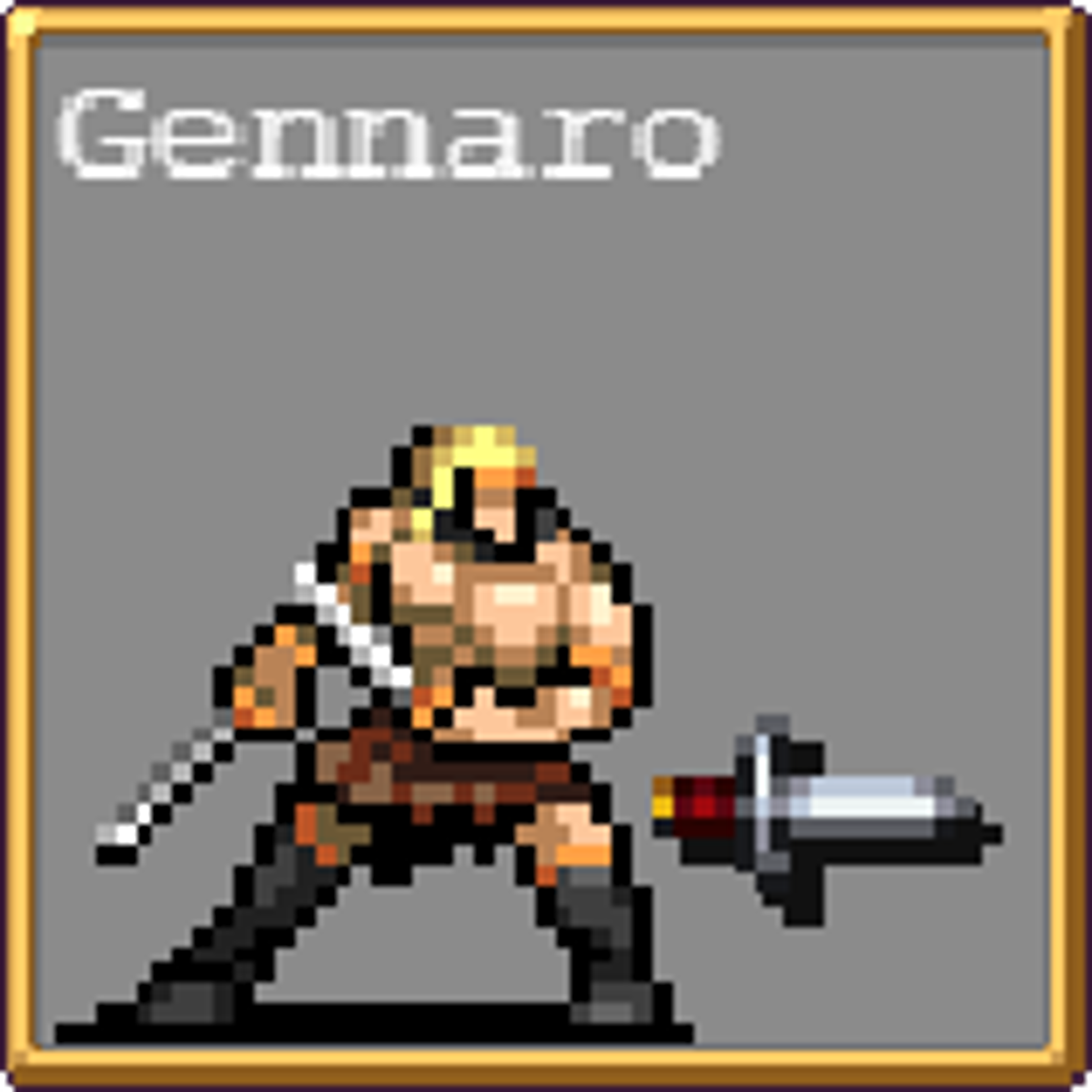 A pixel art character of a muscular vampire hunter wielding a knife.