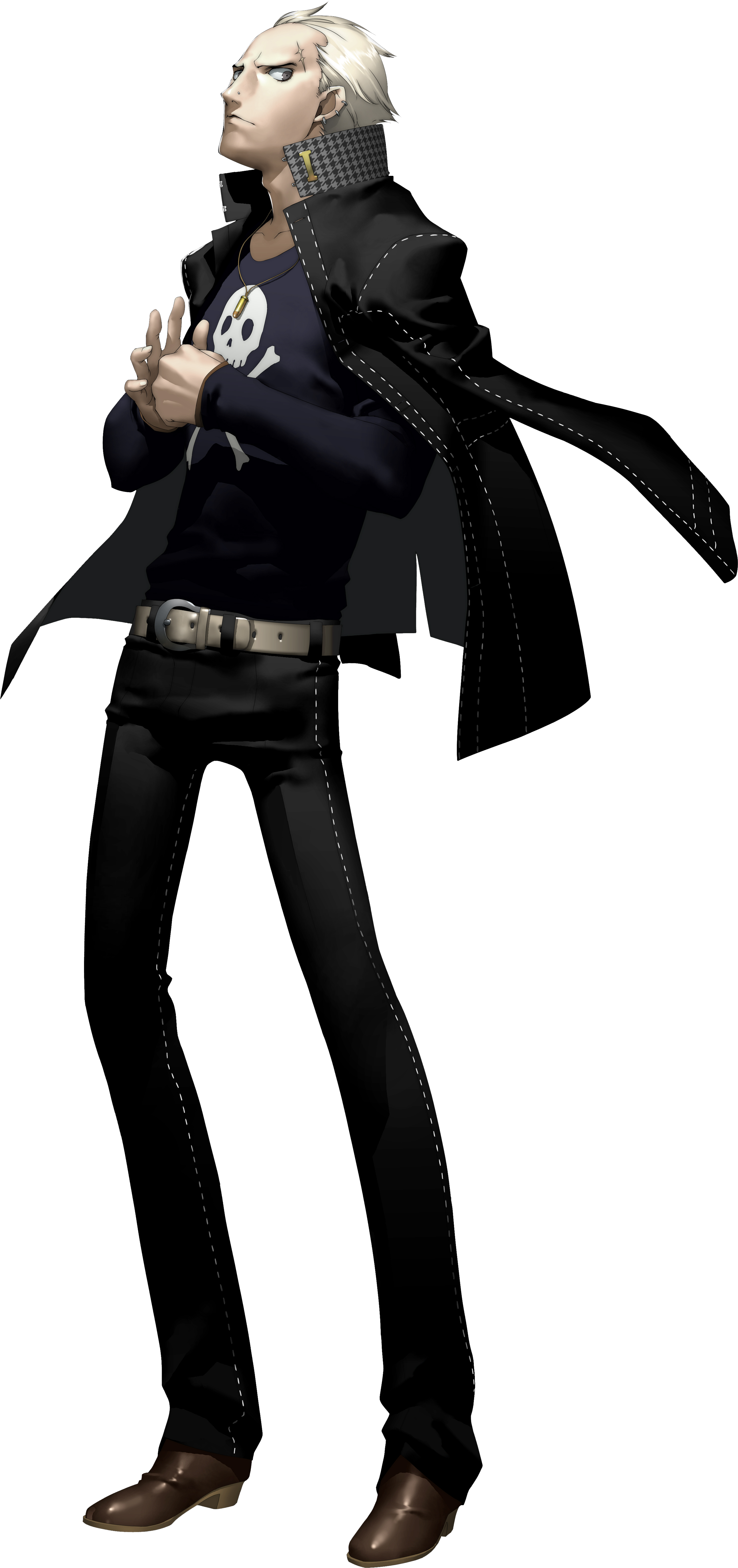 A tough-looking teenage boy with bleached blond hair and piercings, wearing a black outfit and in a fighting stance.