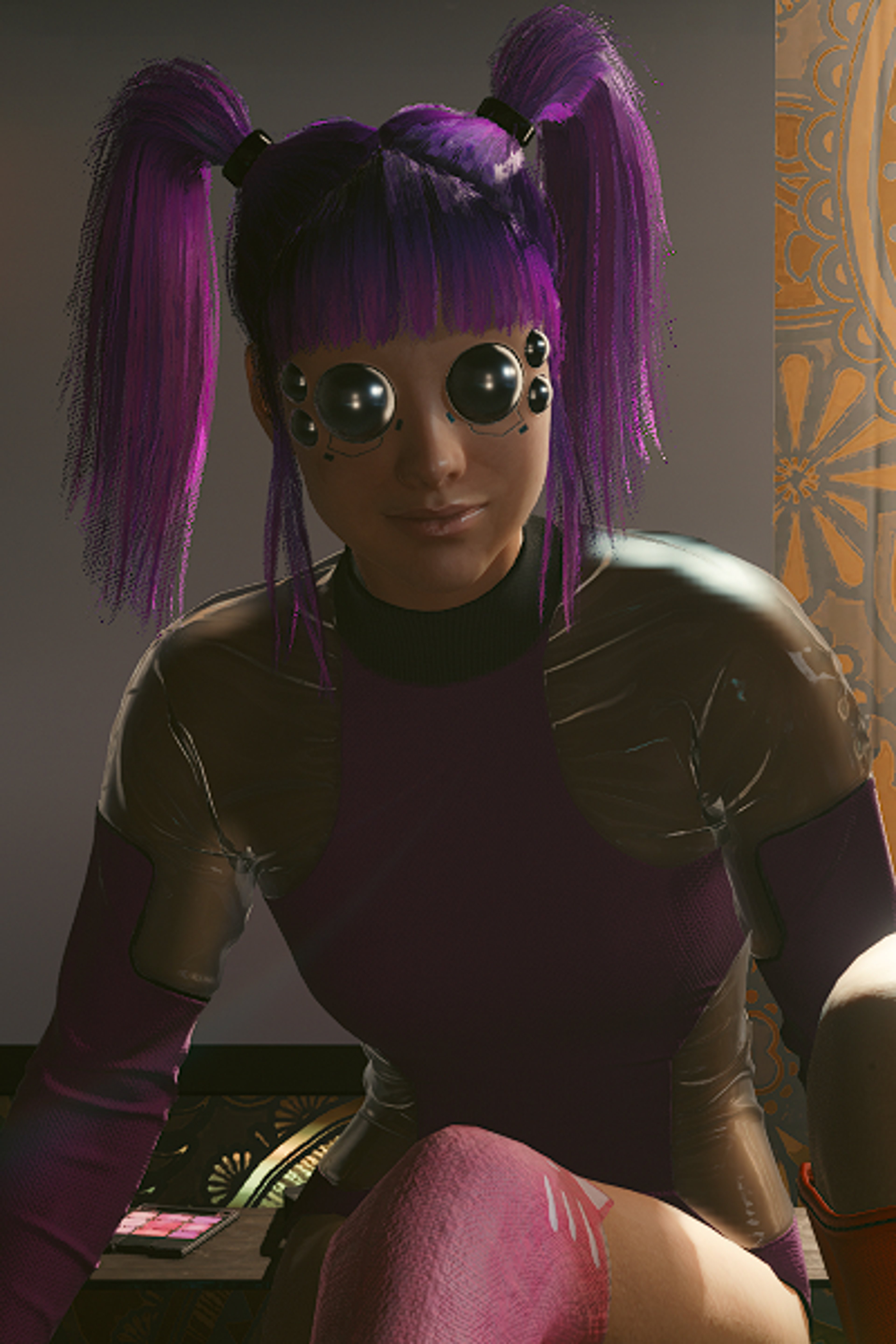 A young woman with purple hair and a cyberpunk-inspired outfit holding an electronic device