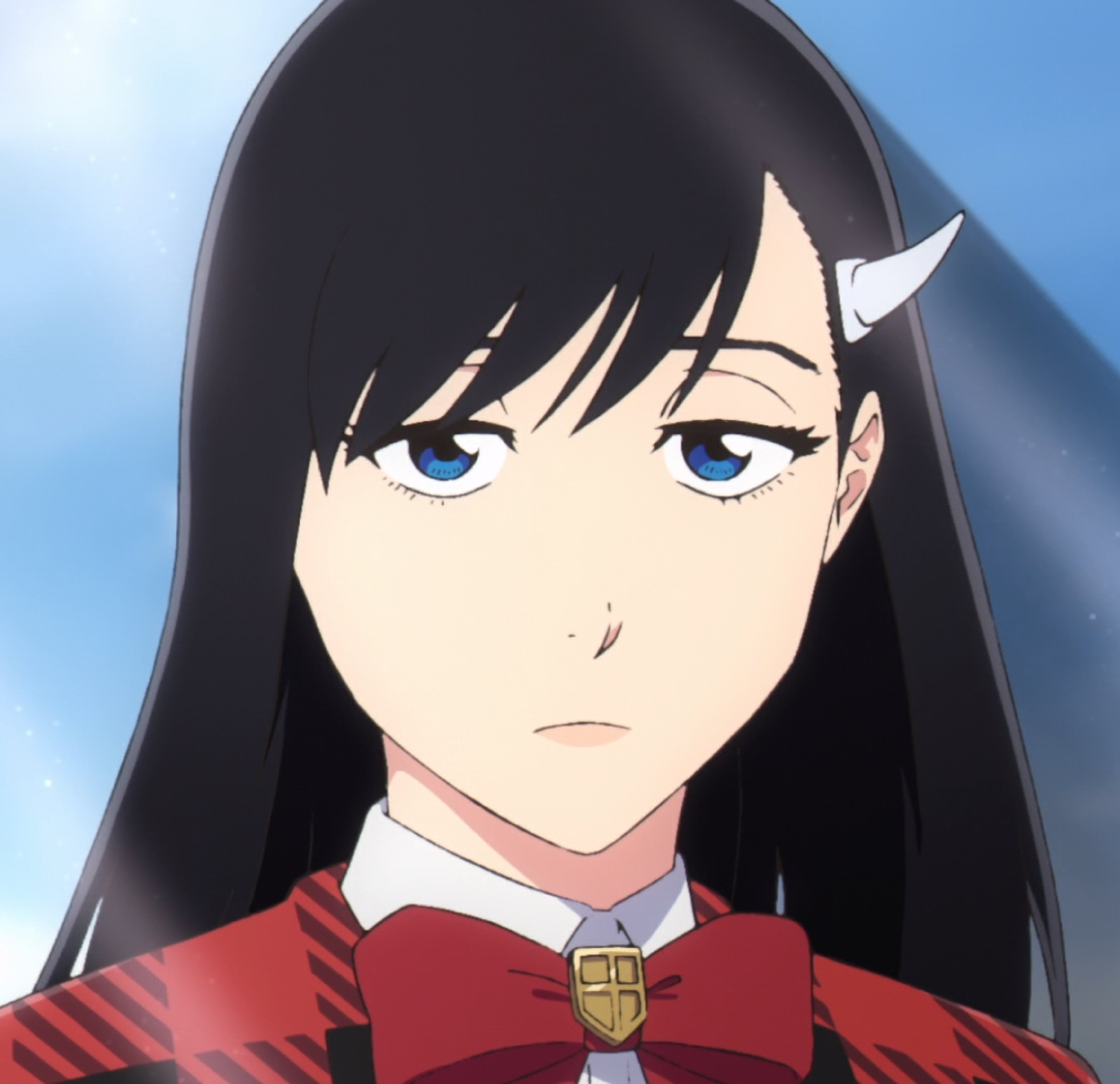 An anime-style character with long black hair, blue eyes, and a serious expression wearing a red uniform with a cross-shaped emblem.