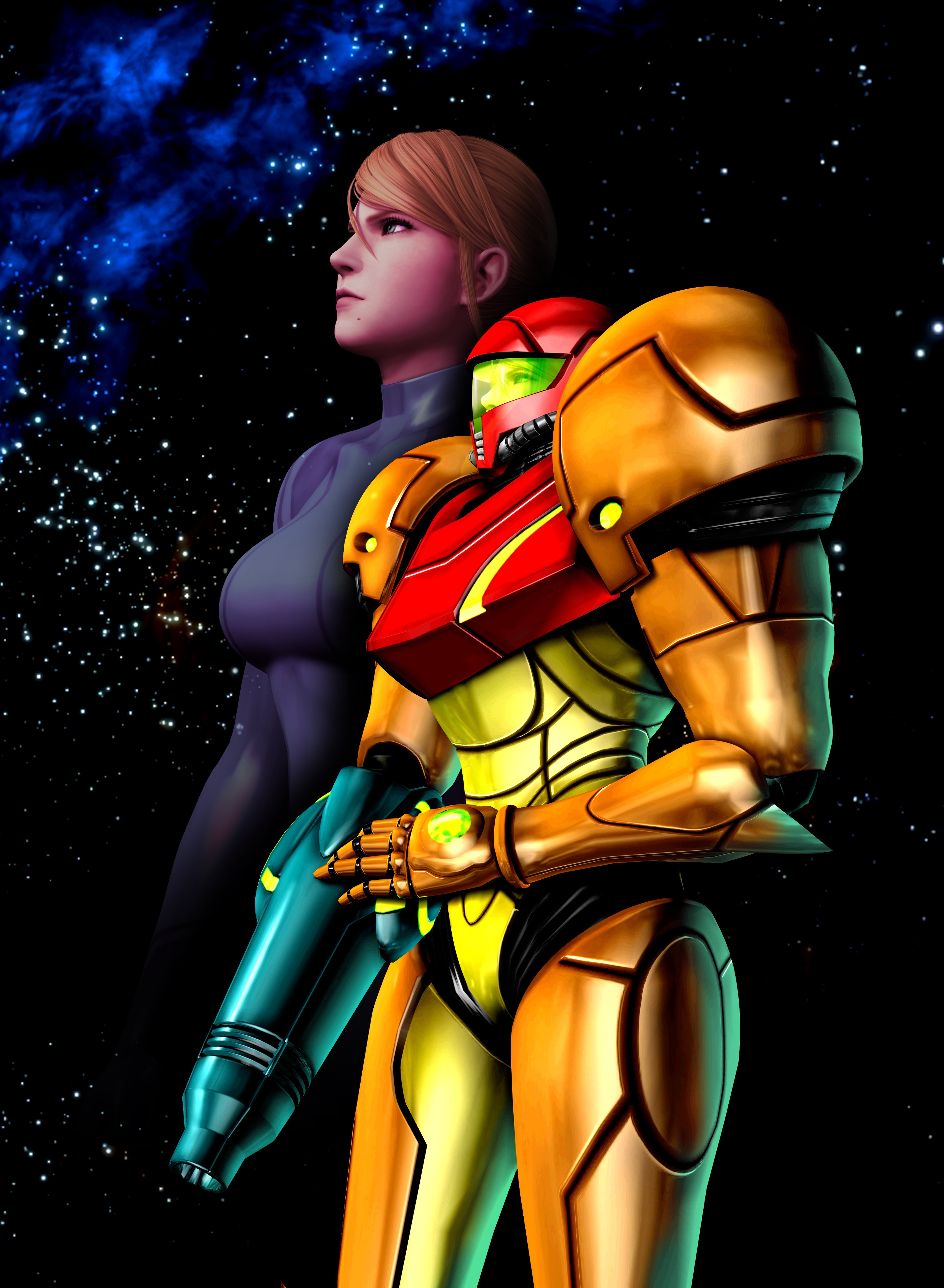 A female character in a futuristic, armored suit standing in a dramatic pose against a starry backdrop.