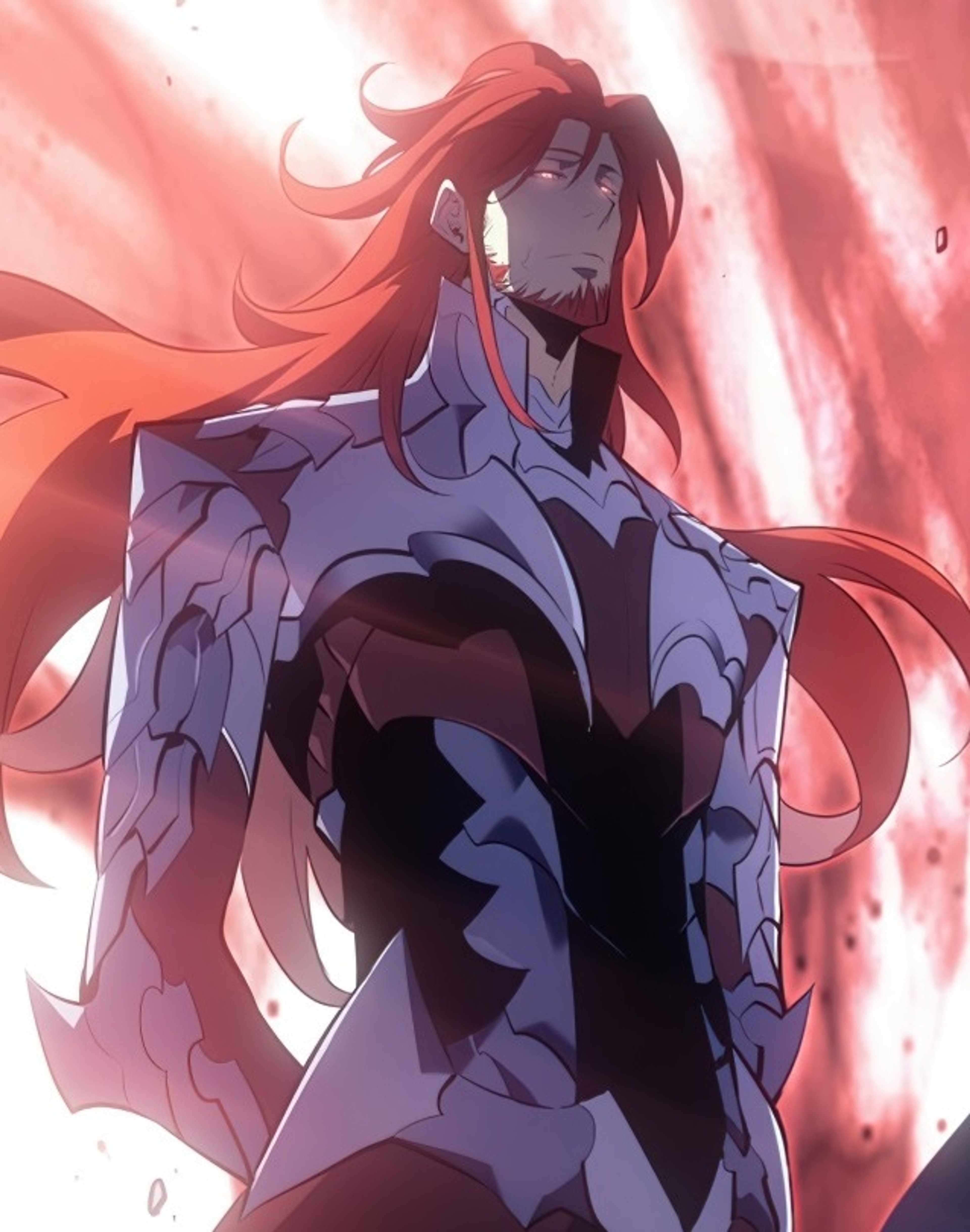 A powerful, intimidating figure with red hair and glowing red eyes, wearing armor and a tailcoat.