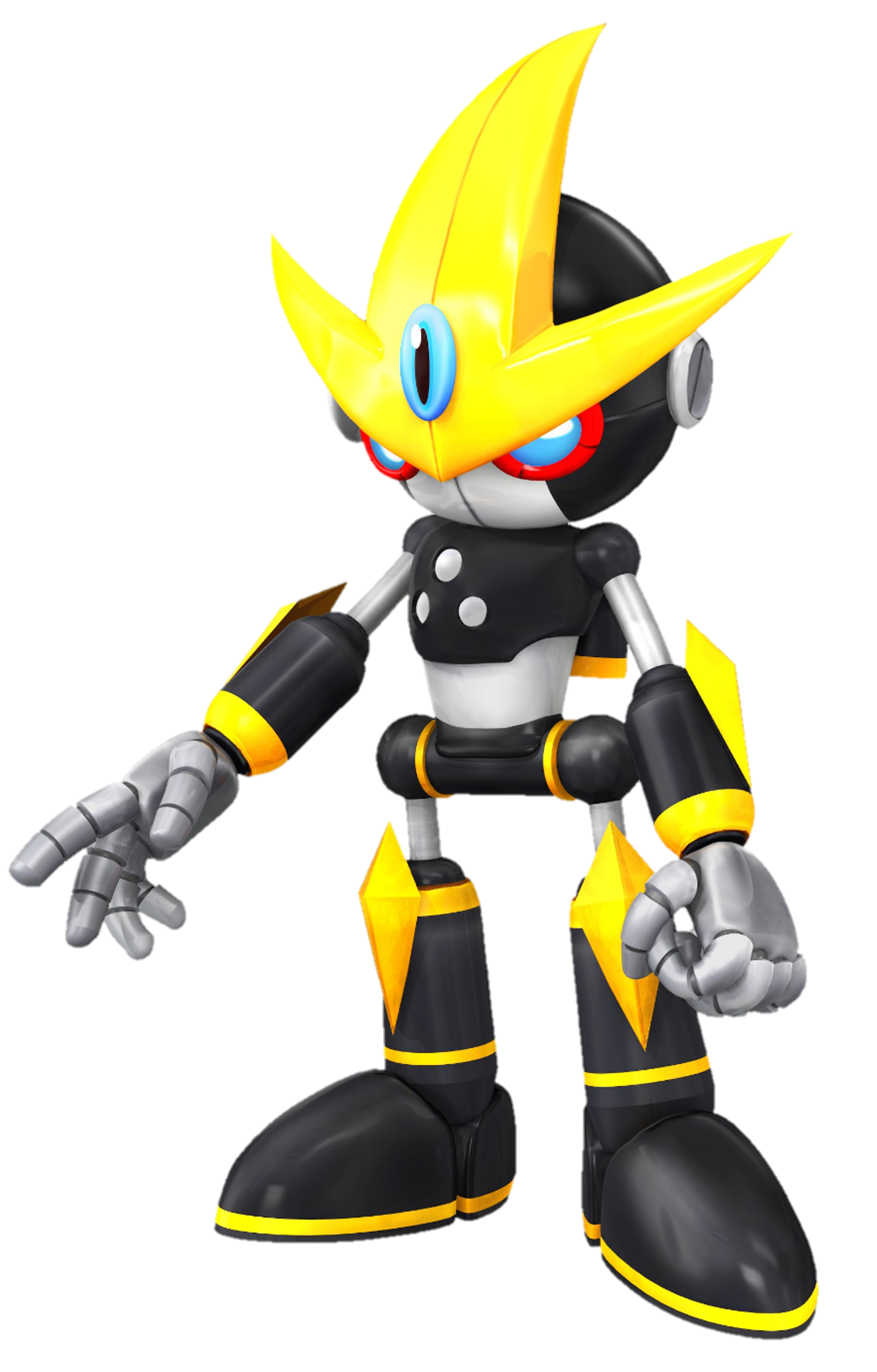 A black and yellow robot with a distinctive angular design and combat capabilities.