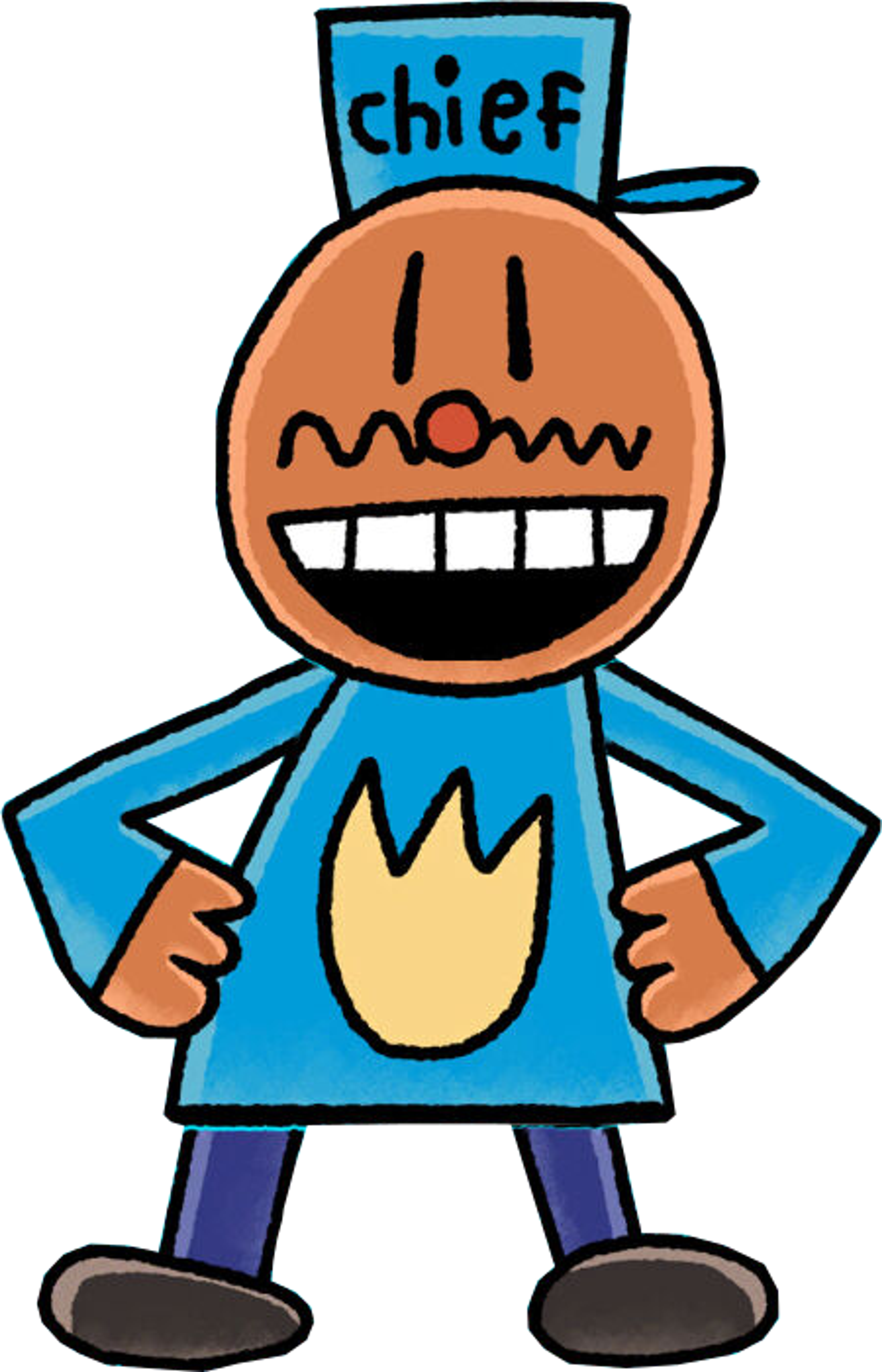 A cartoon police officer character with a large grin and blue uniform