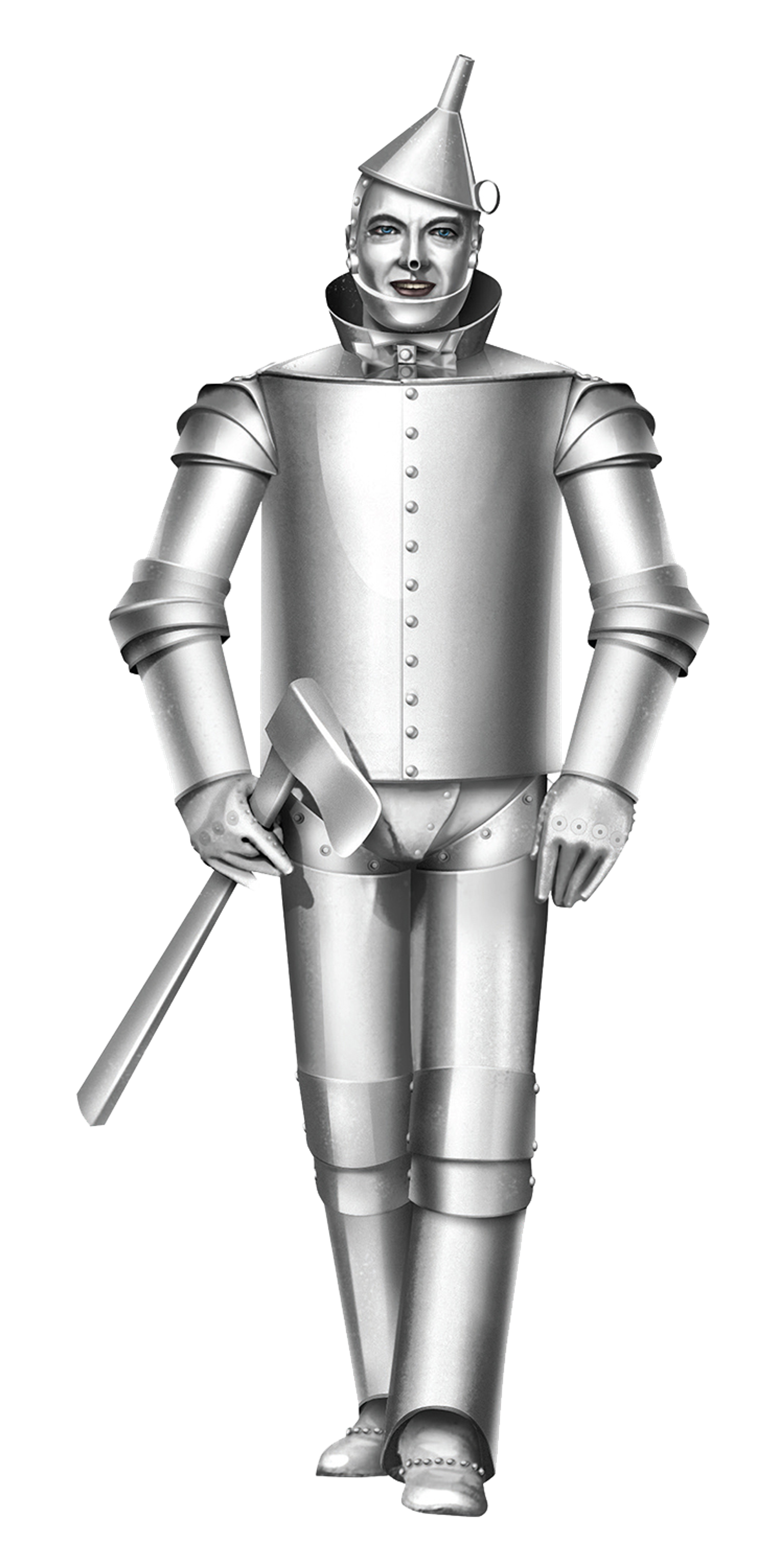 A detailed illustration of the Tin Woodman character from The Wizard of Oz, standing upright and holding a metal axe.