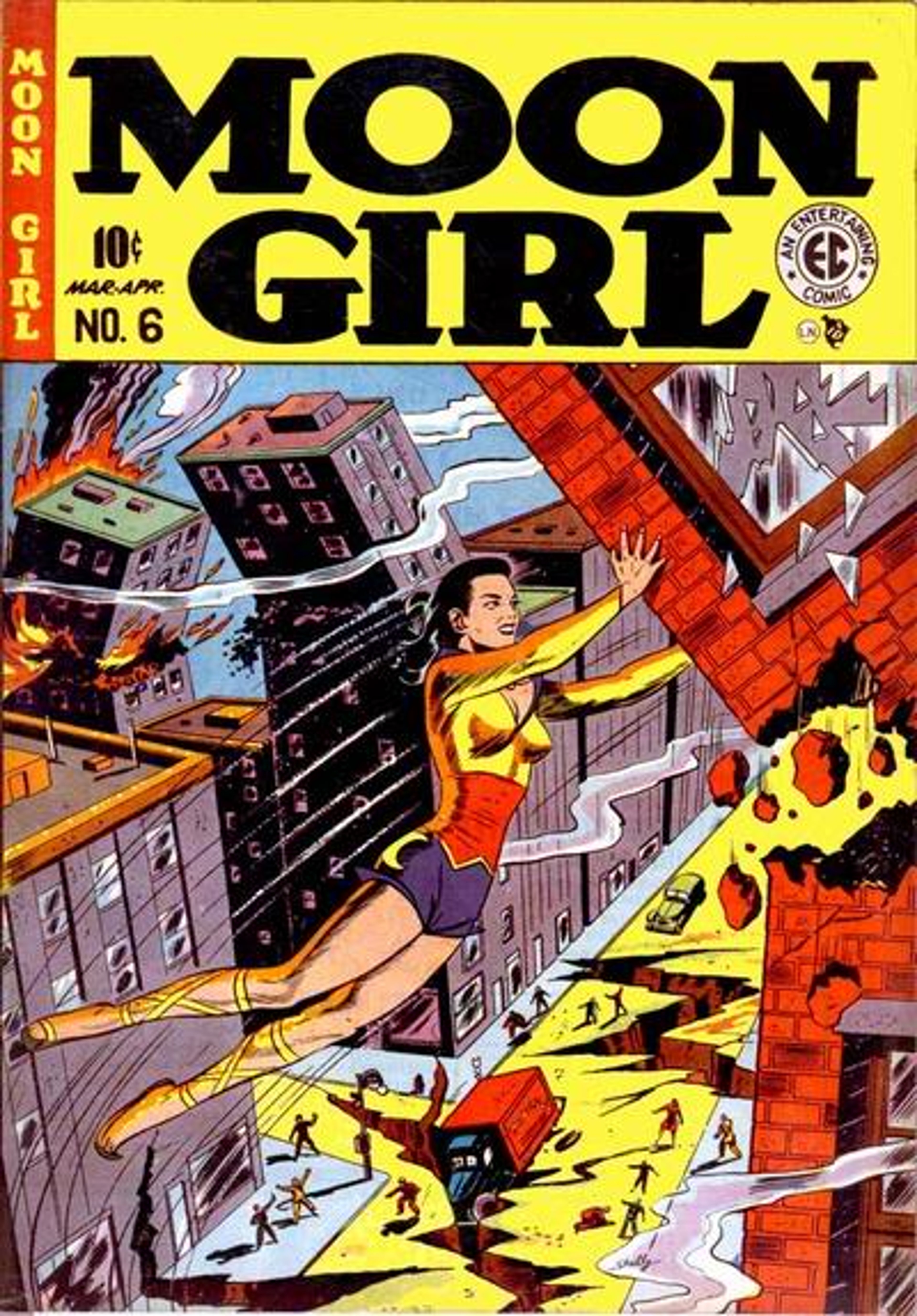 A female superhero character in a yellow and red costume, fighting in an urban setting.