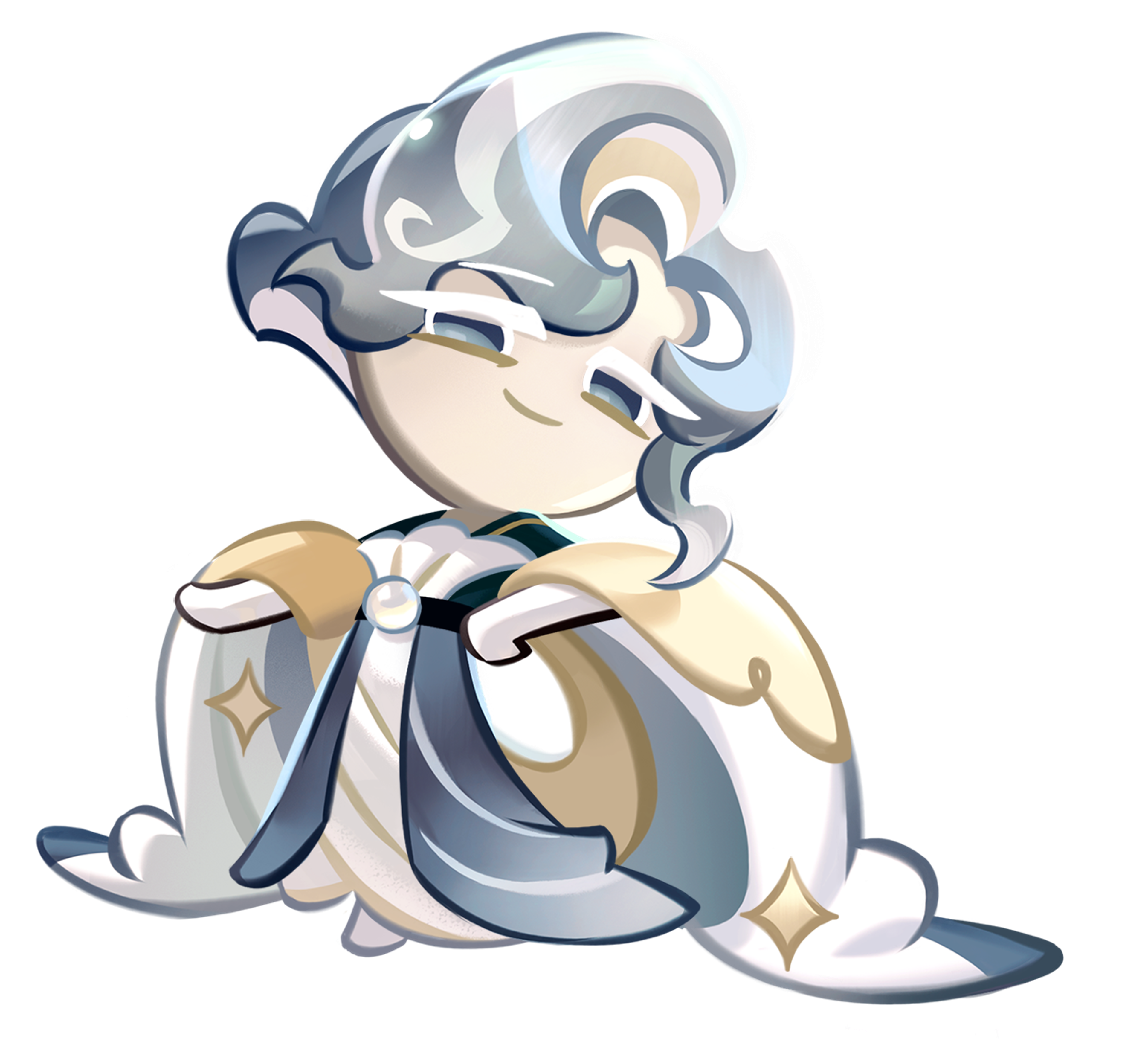 A regal, cookie-like character wearing an elaborate silver seashell-like gown