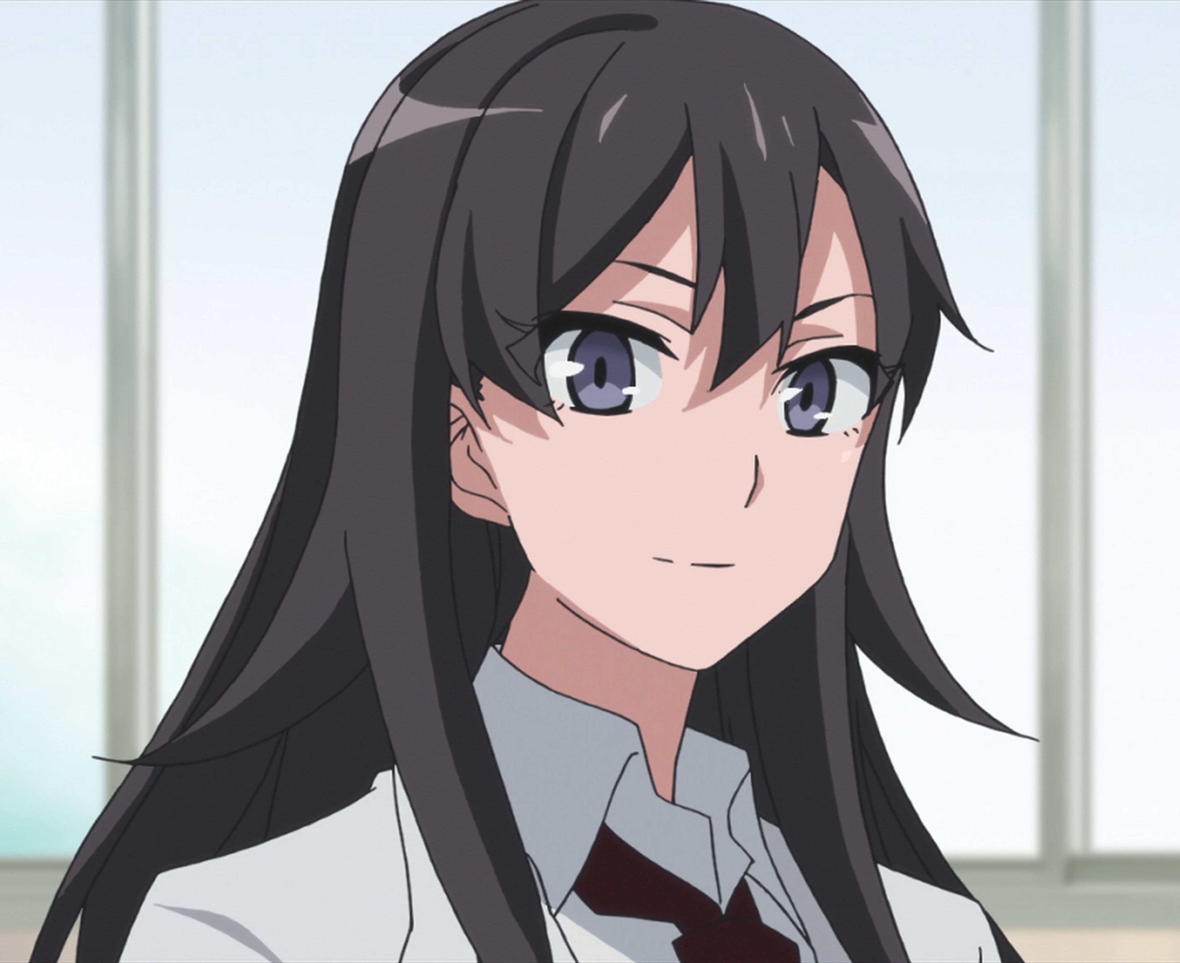 An anime-style character portrait of a young woman with long black hair and blue eyes, wearing a white collared shirt.