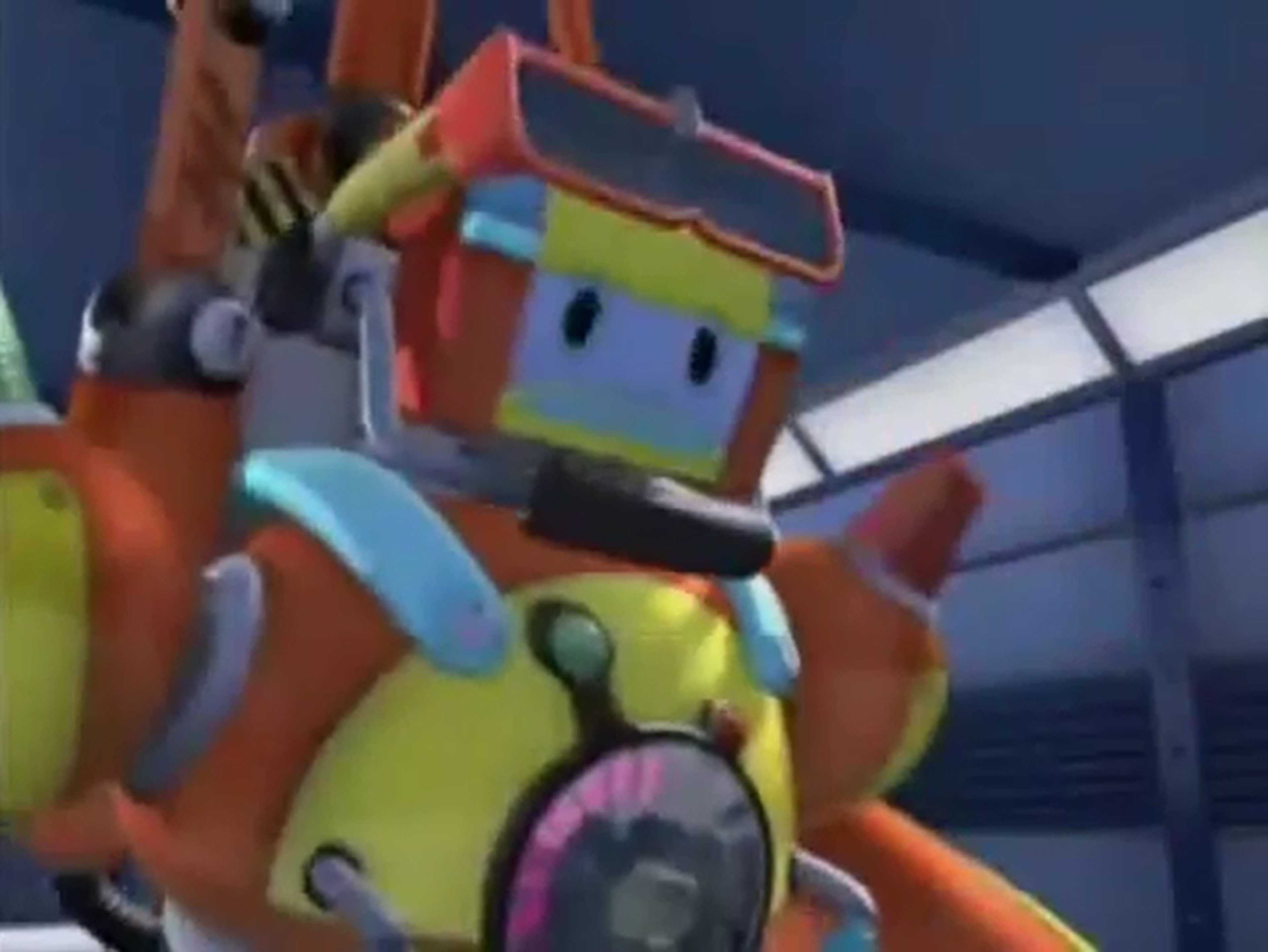 A cartoon robot character with an orange and yellow color scheme, hazard stripes, and emergency lights.