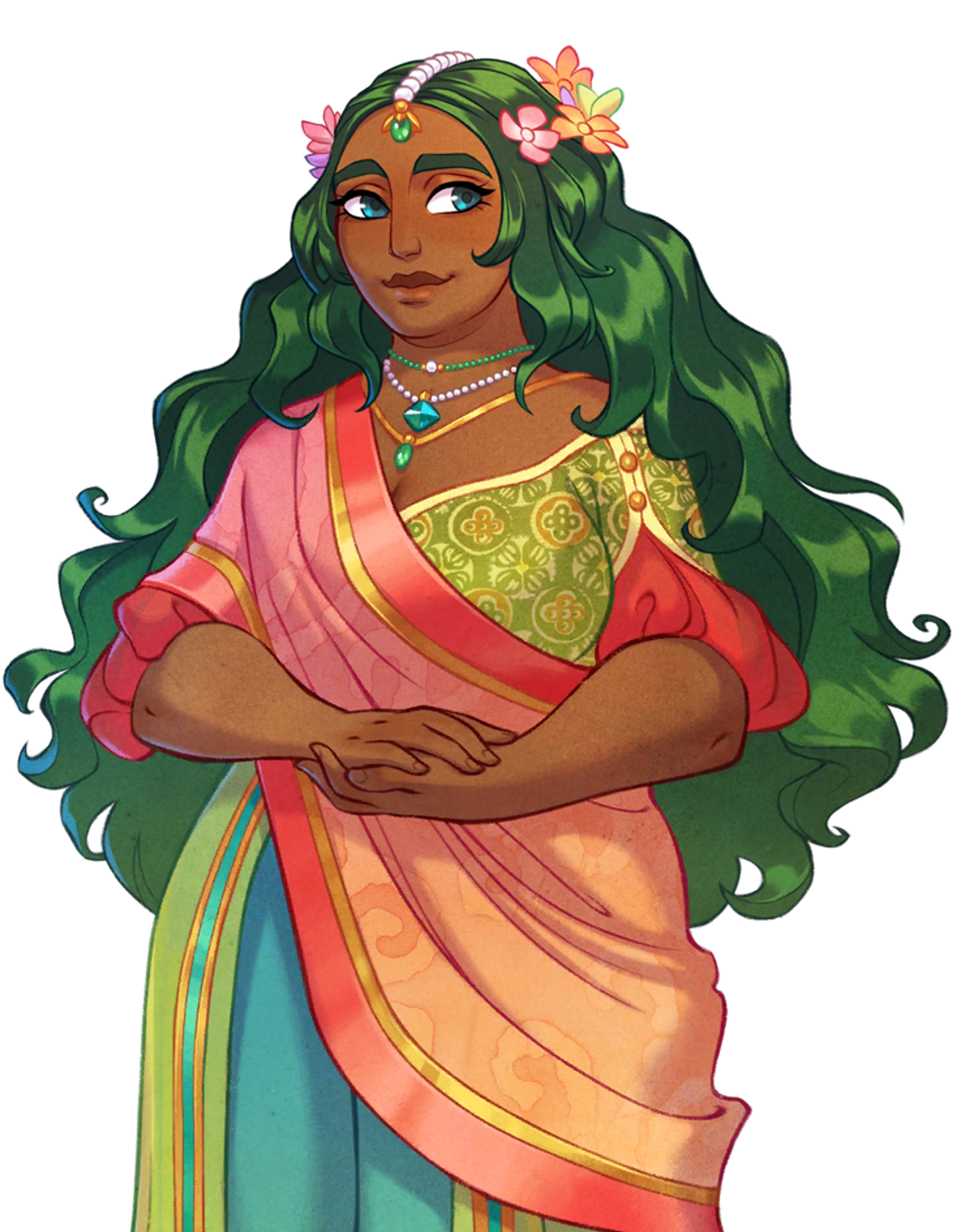 A detailed illustration of a young woman with green hair wearing a pink and gold sari-like dress, with a regal and sophisticated appearance.
