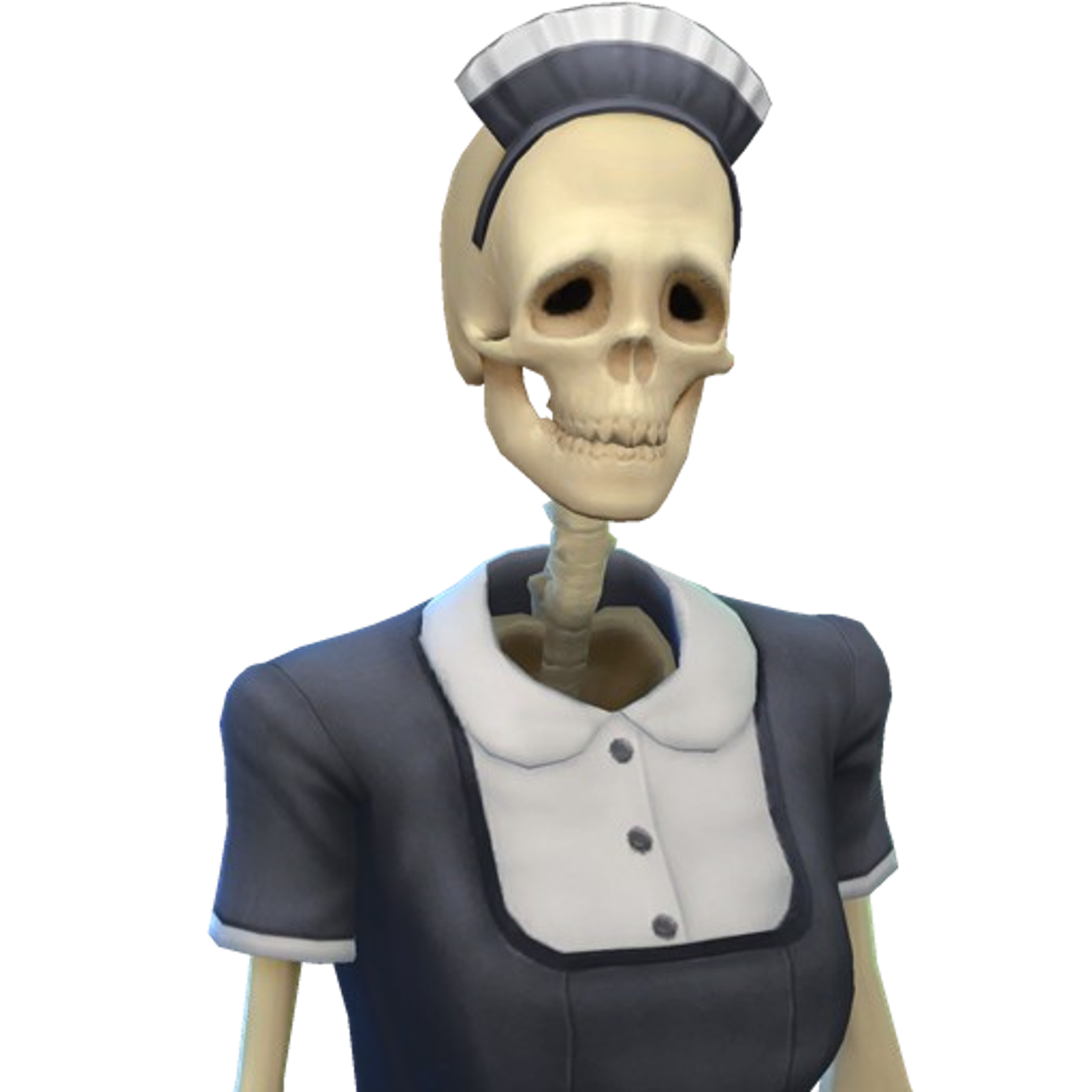 A skeletal female maid character in a classic French maid outfit, standing upright with a grinning skull-like face and empty eye sockets.