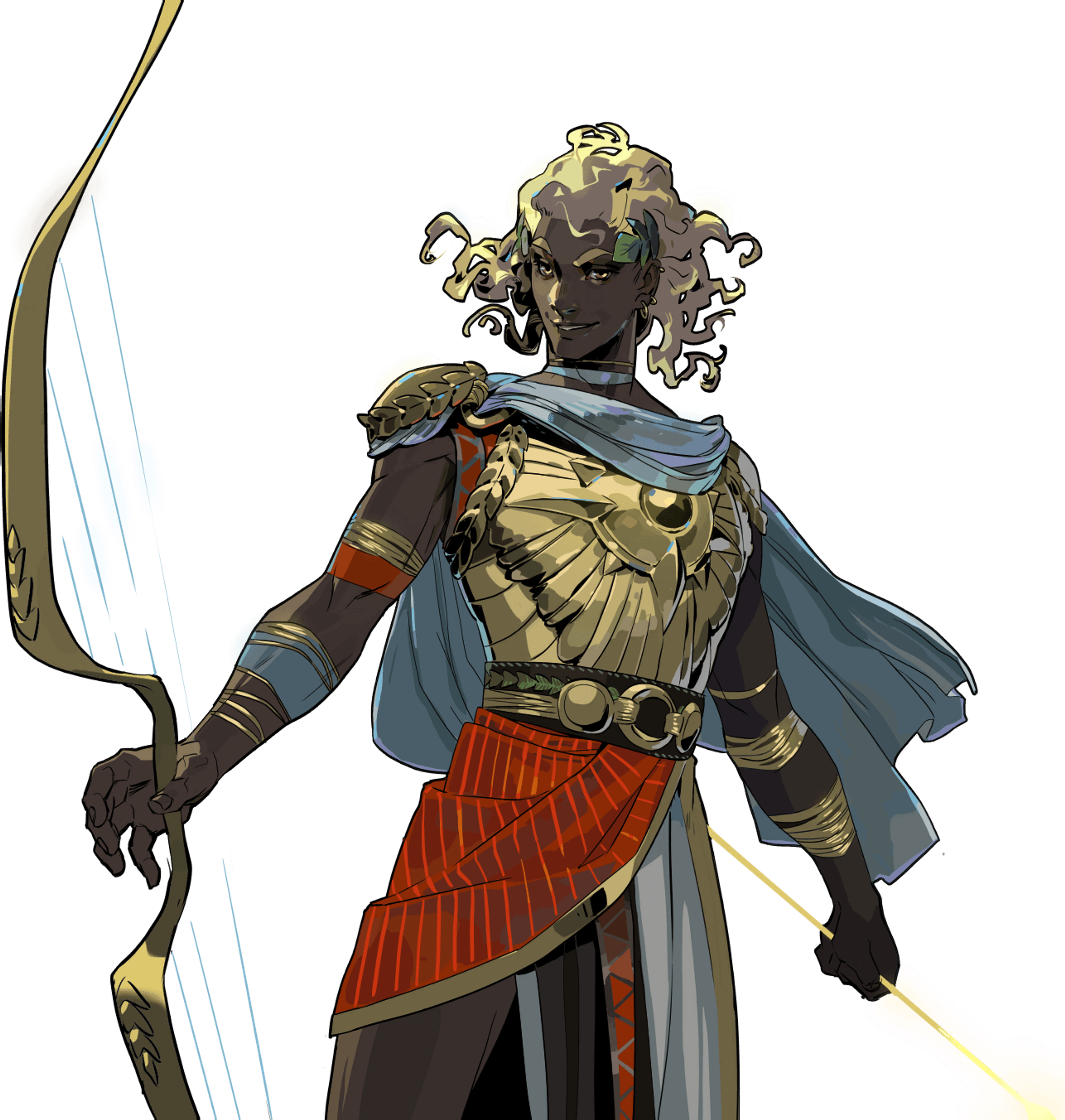 A powerful, divine figure holding a golden bow and lyre