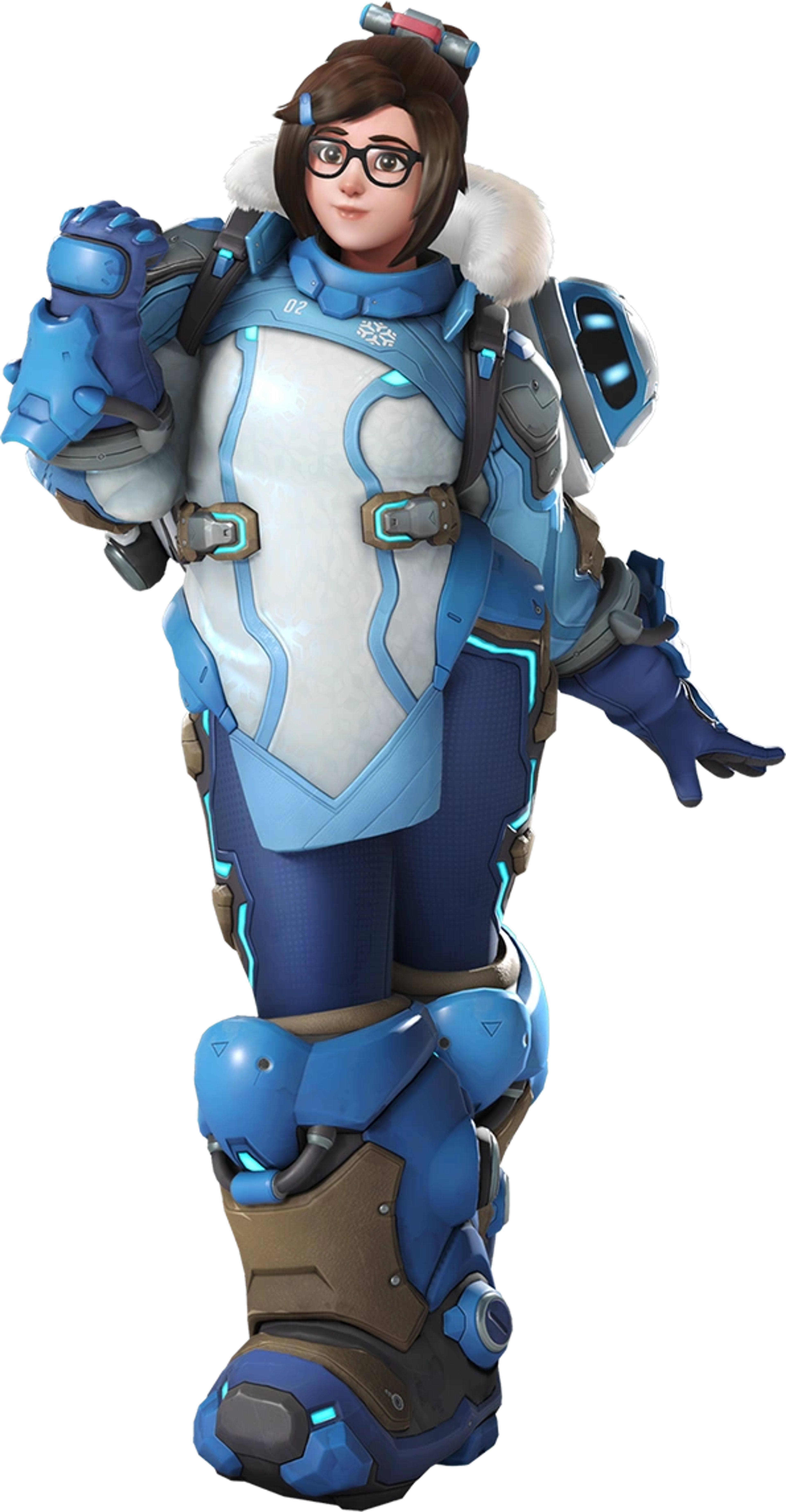 A female character in a blue and white armored suit with technological components