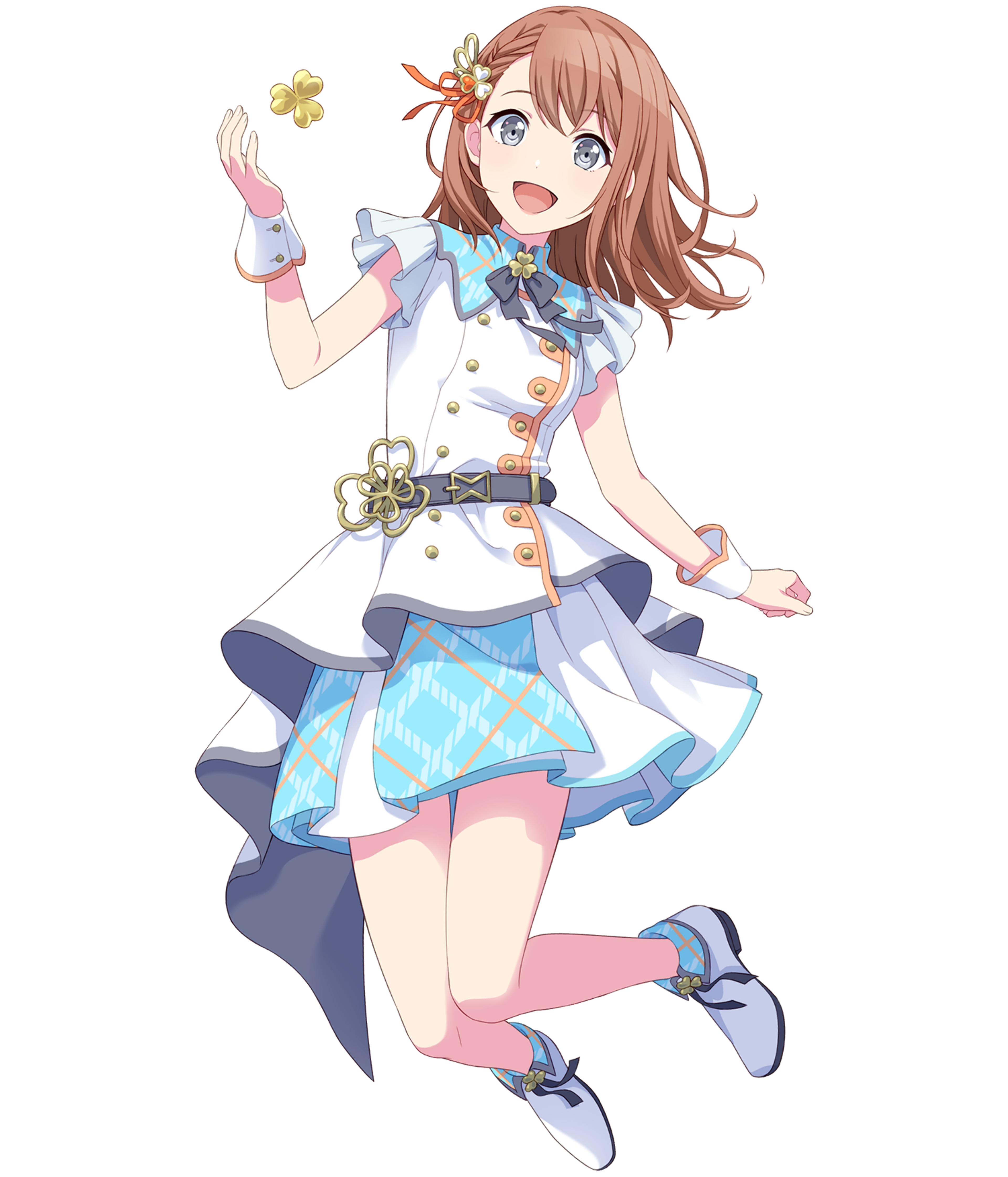 A young woman with light brown hair and a flower pin, wearing a colorful outfit and smiling brightly.