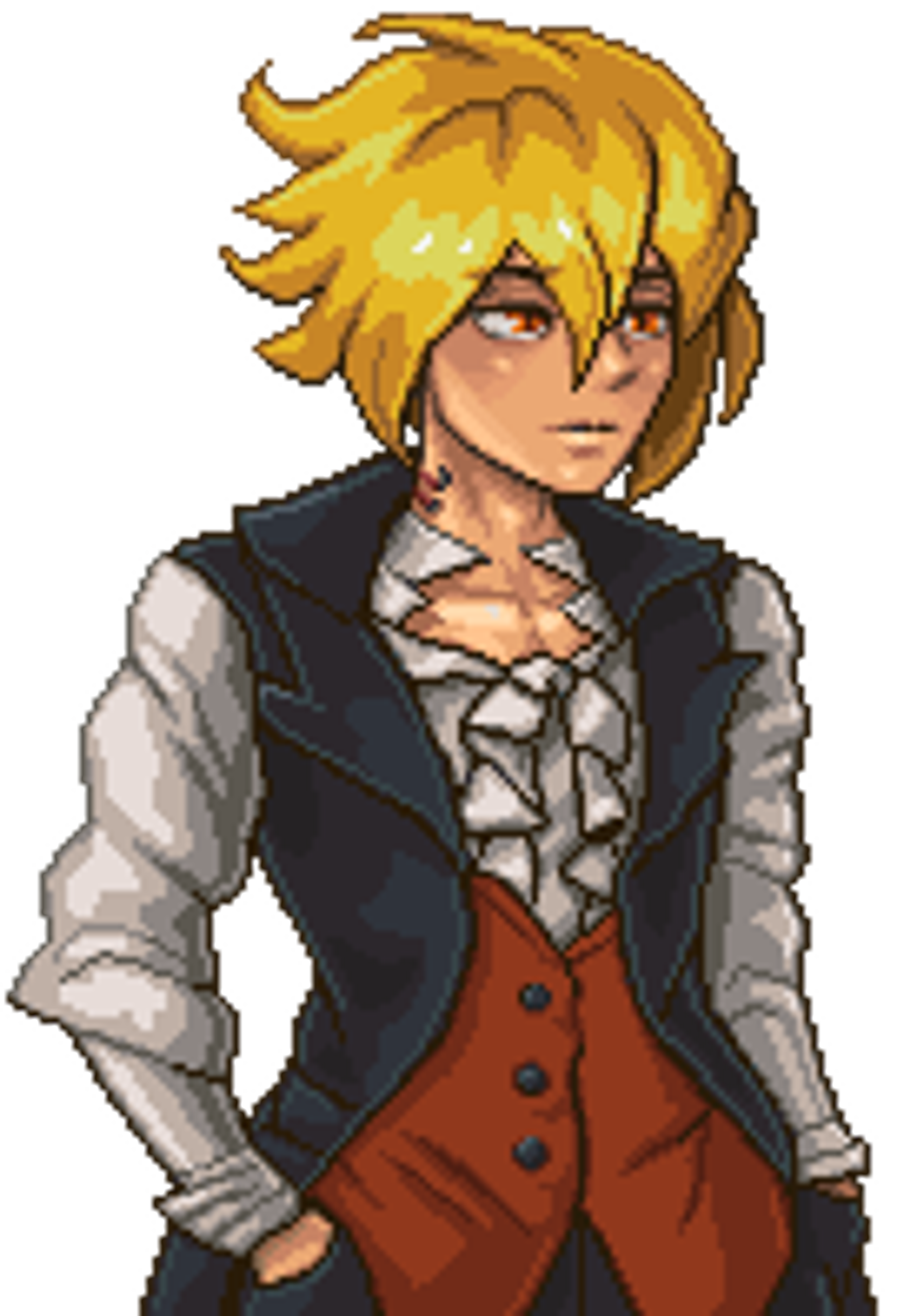 A young man with blonde, spiky hair wearing a black vest and red pants