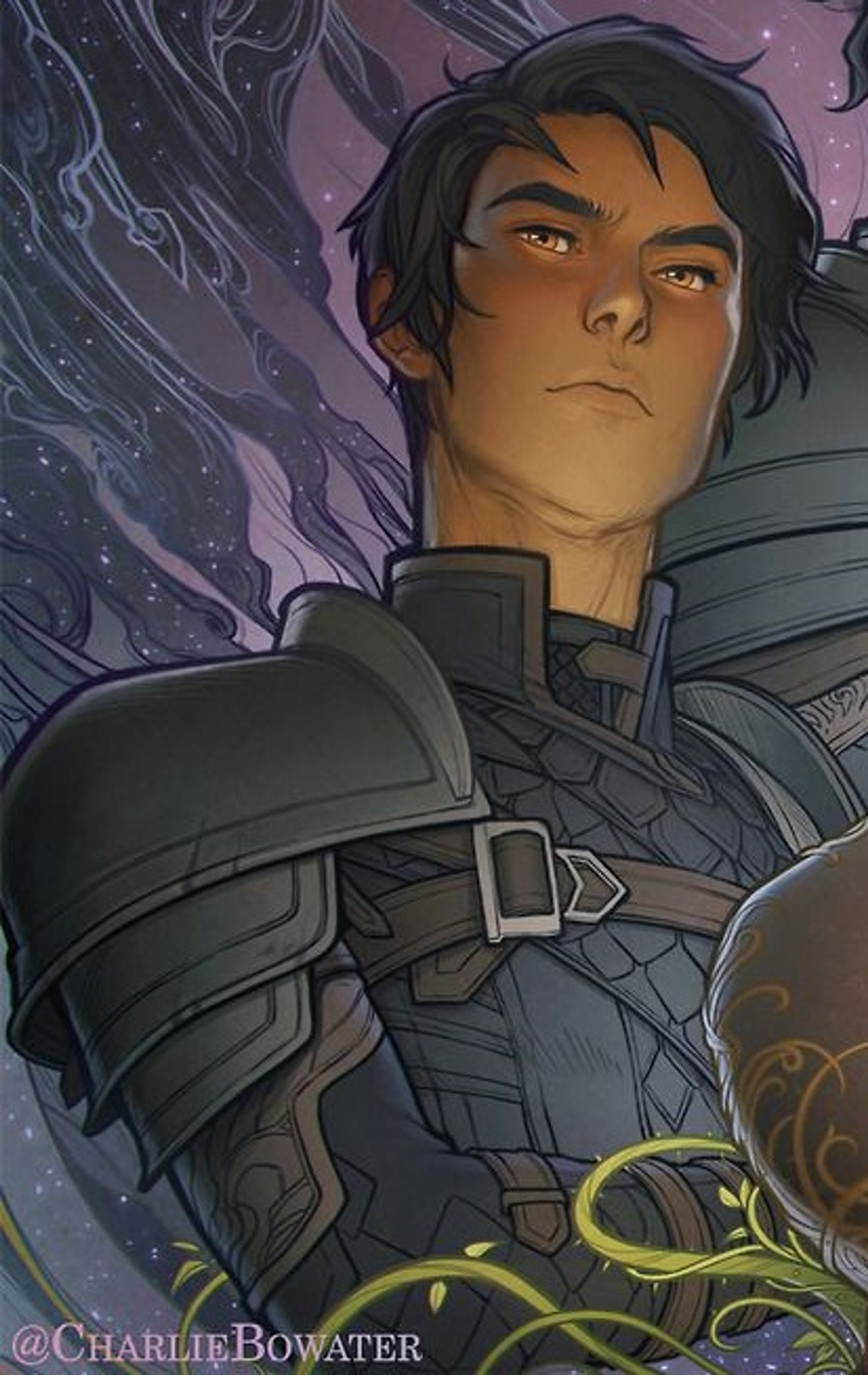 A male character in dark armor with a serious expression