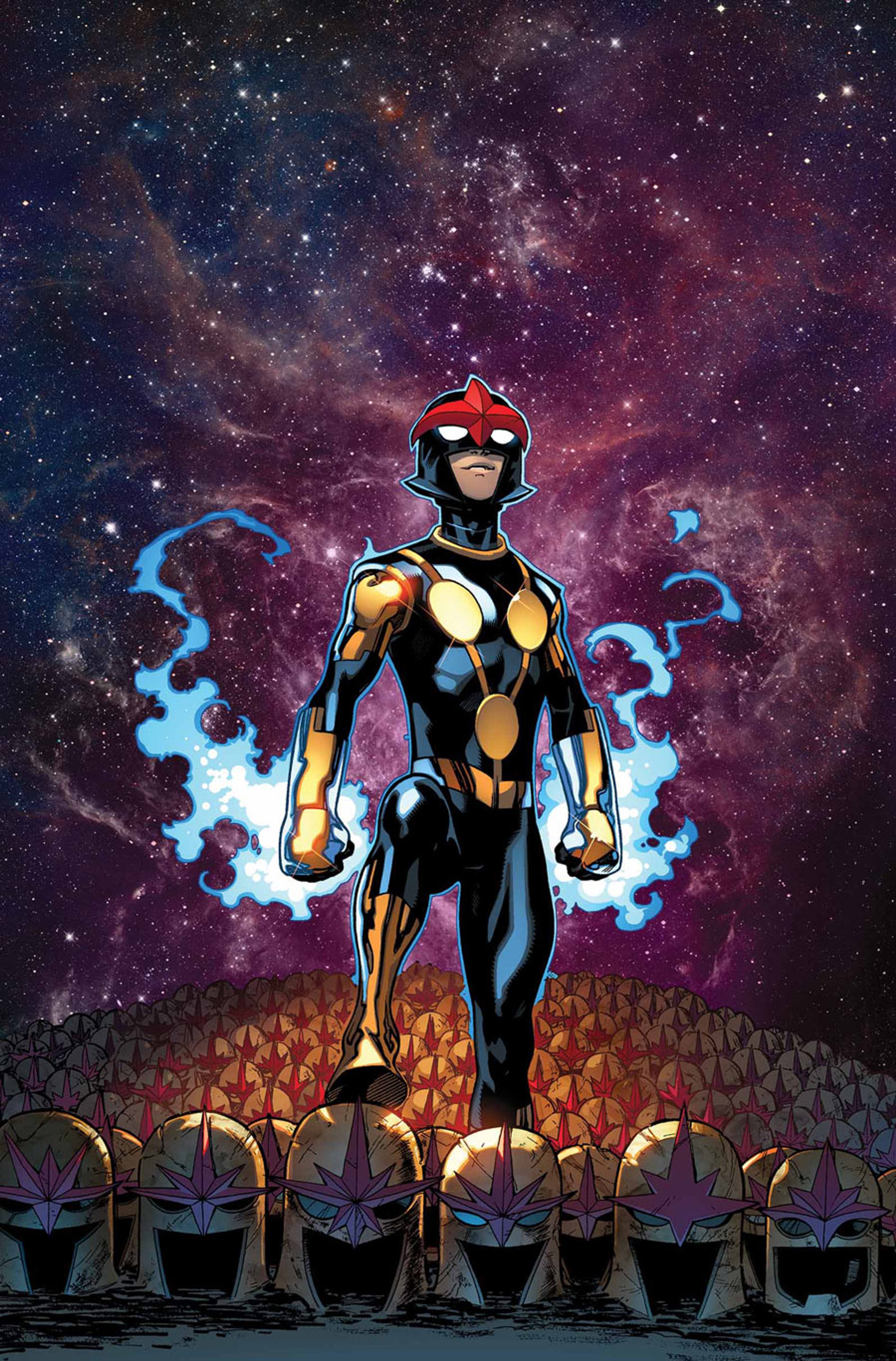 A teenage superhero character in a black and gold costume standing in a cosmic, starry background.