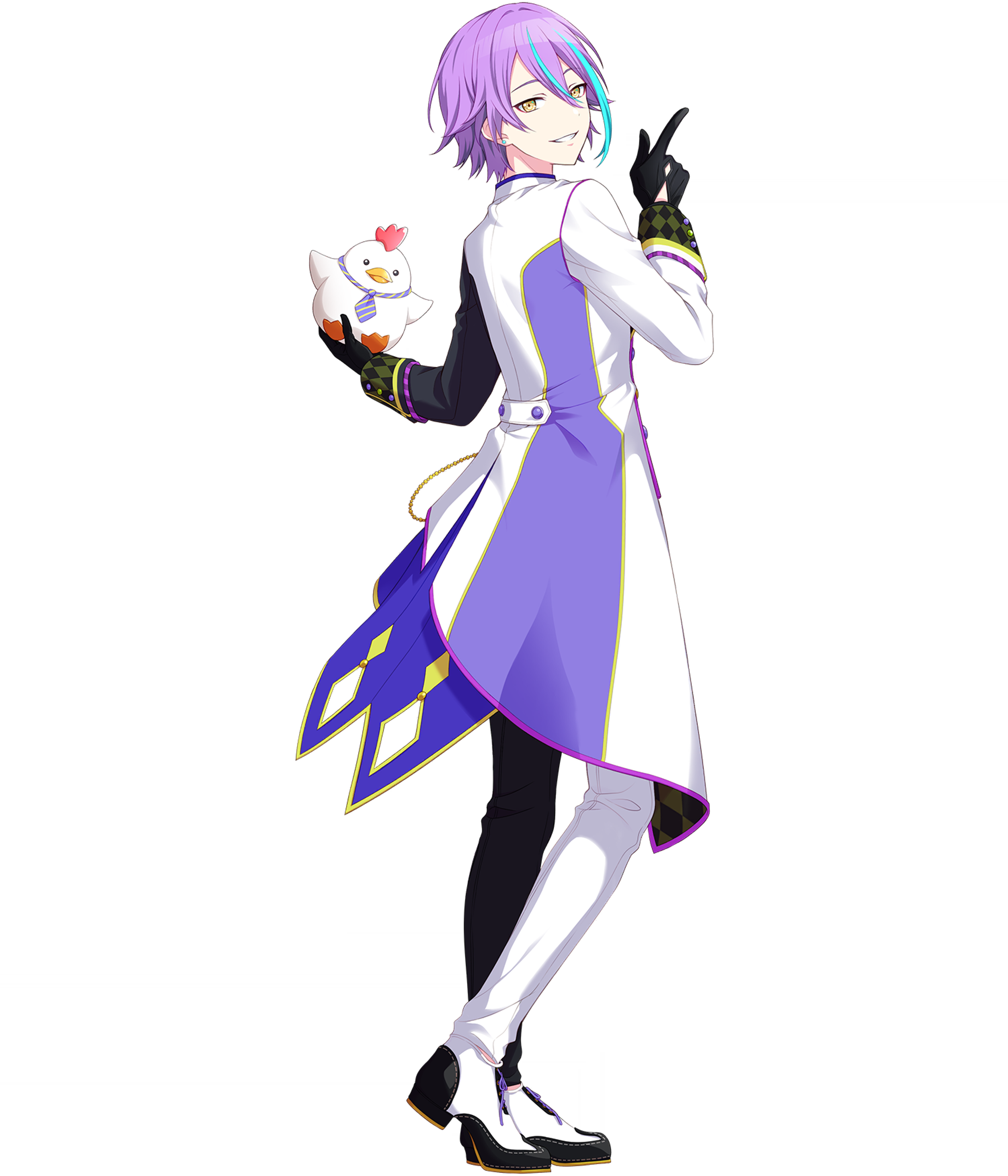 An anime-style character with purple hair and a white and purple outfit holding a small white animal.