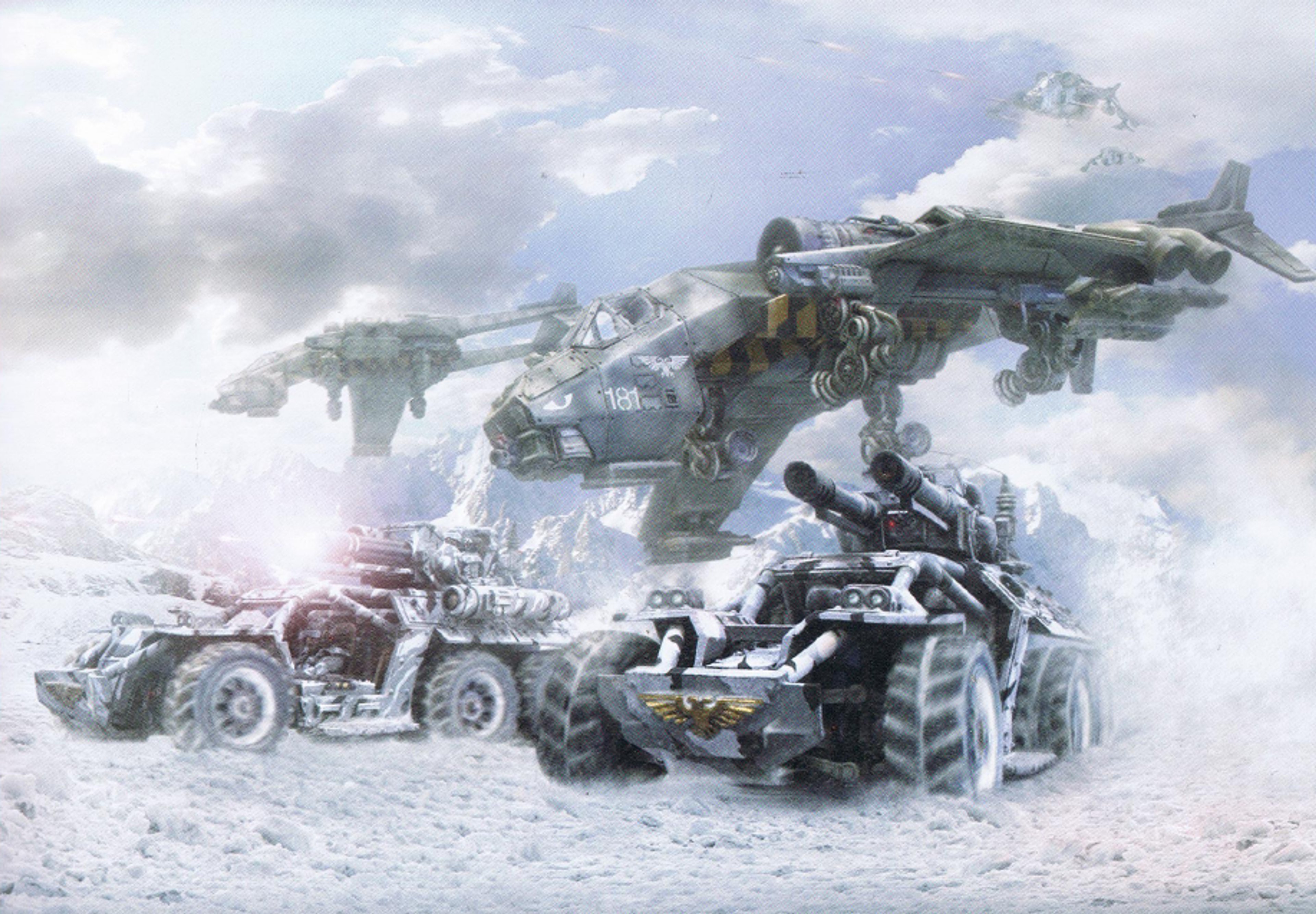 A heavily armored military vehicle surrounded by smaller robotic or mechanical units in a snowy or dusty environment.