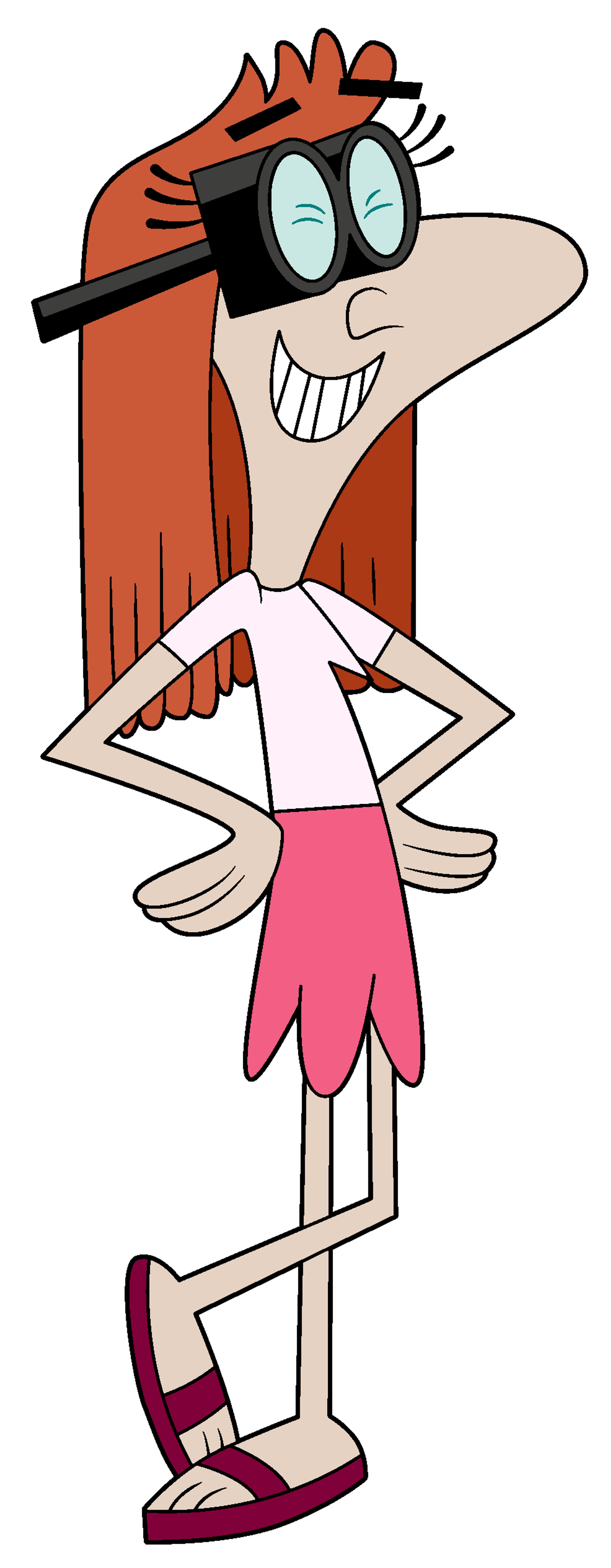 A cartoon woman with a large nose, crooked teeth, and thick glasses, wearing a white shirt, pink skirt, and sandals.