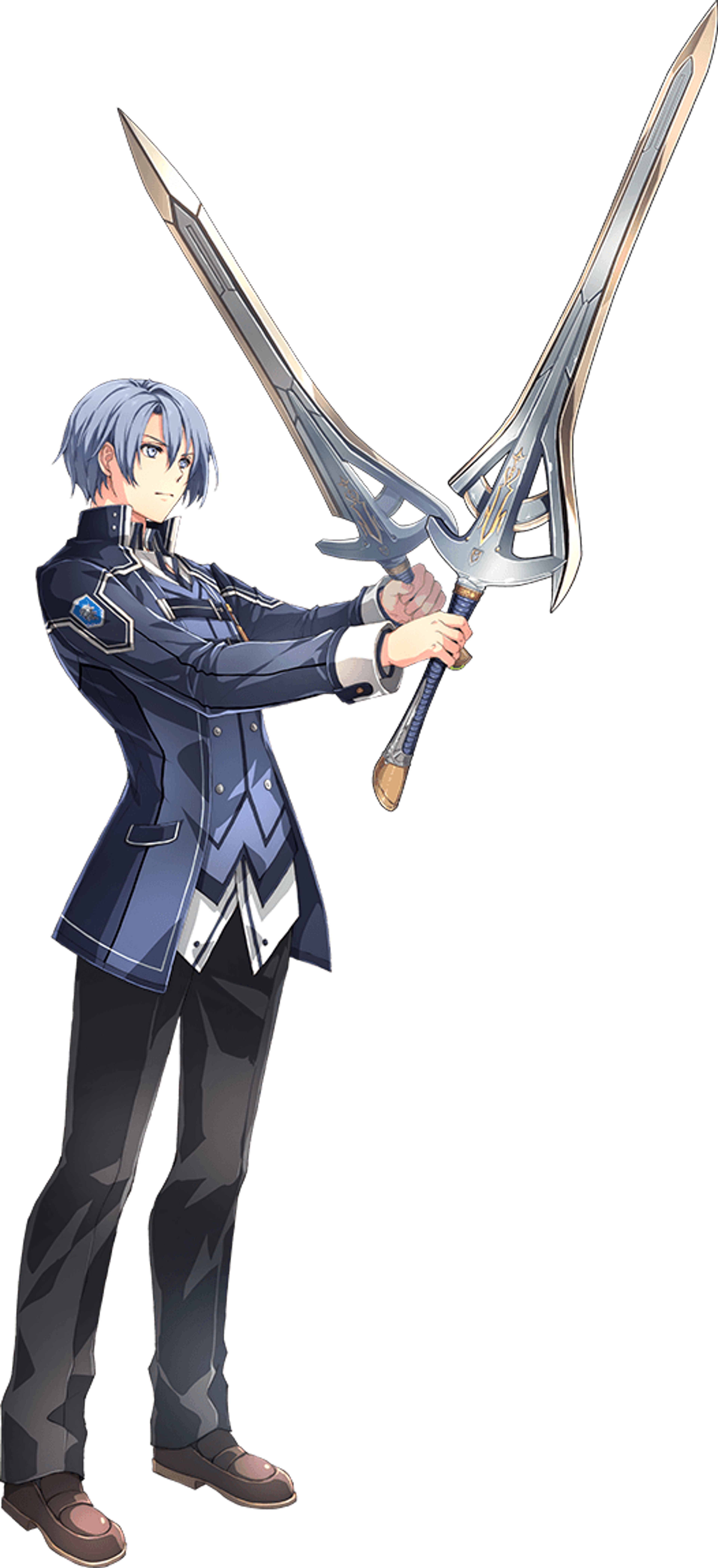 A young man with light blue hair and fuchsia eyes, holding twin swords in a fighting stance.