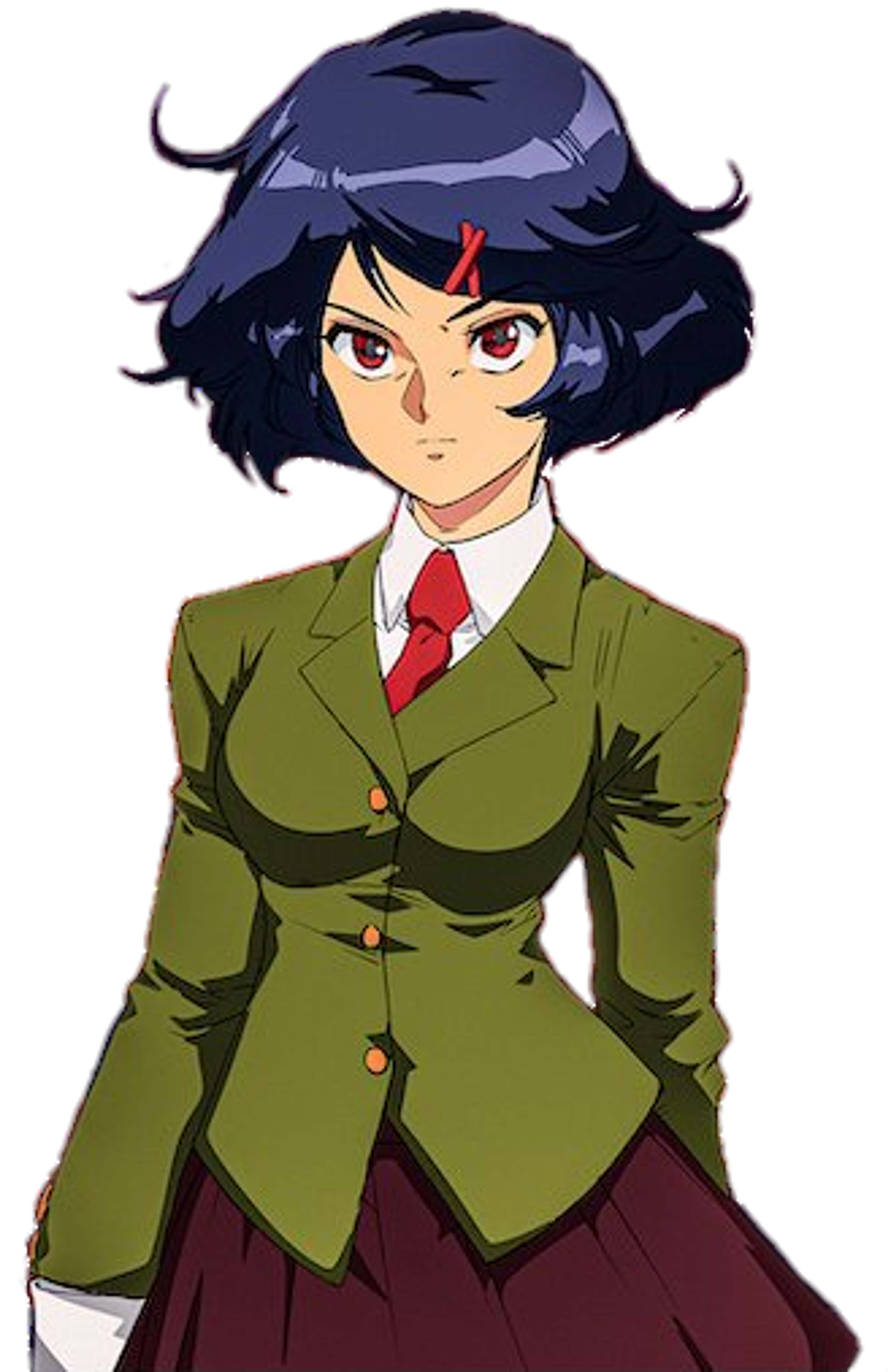 An anime-style character with dark blue hair wearing a green military-style jacket and red skirt, in a fighting stance.