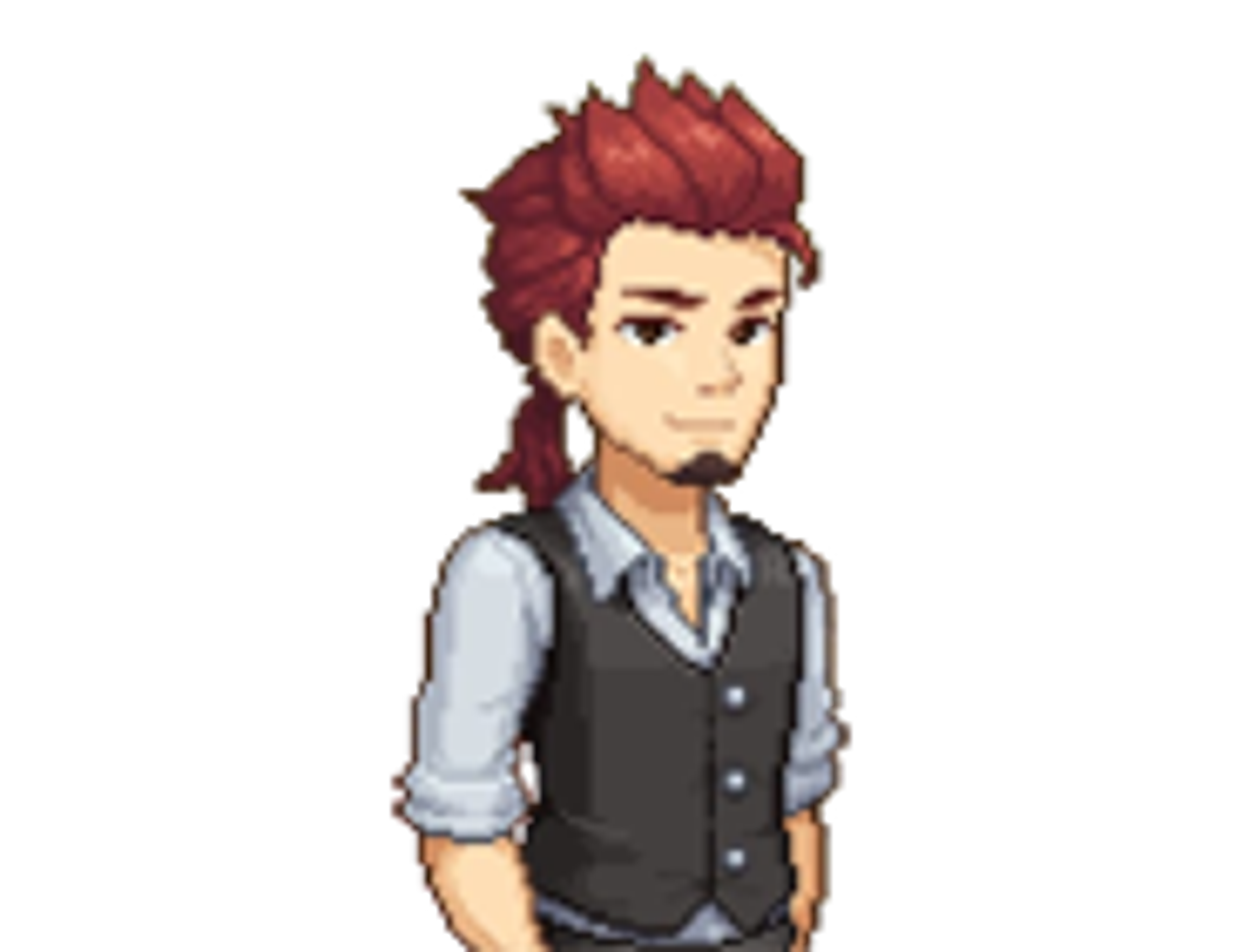 A young man with reddish-brown spiky hair wearing a gray vest over a white shirt