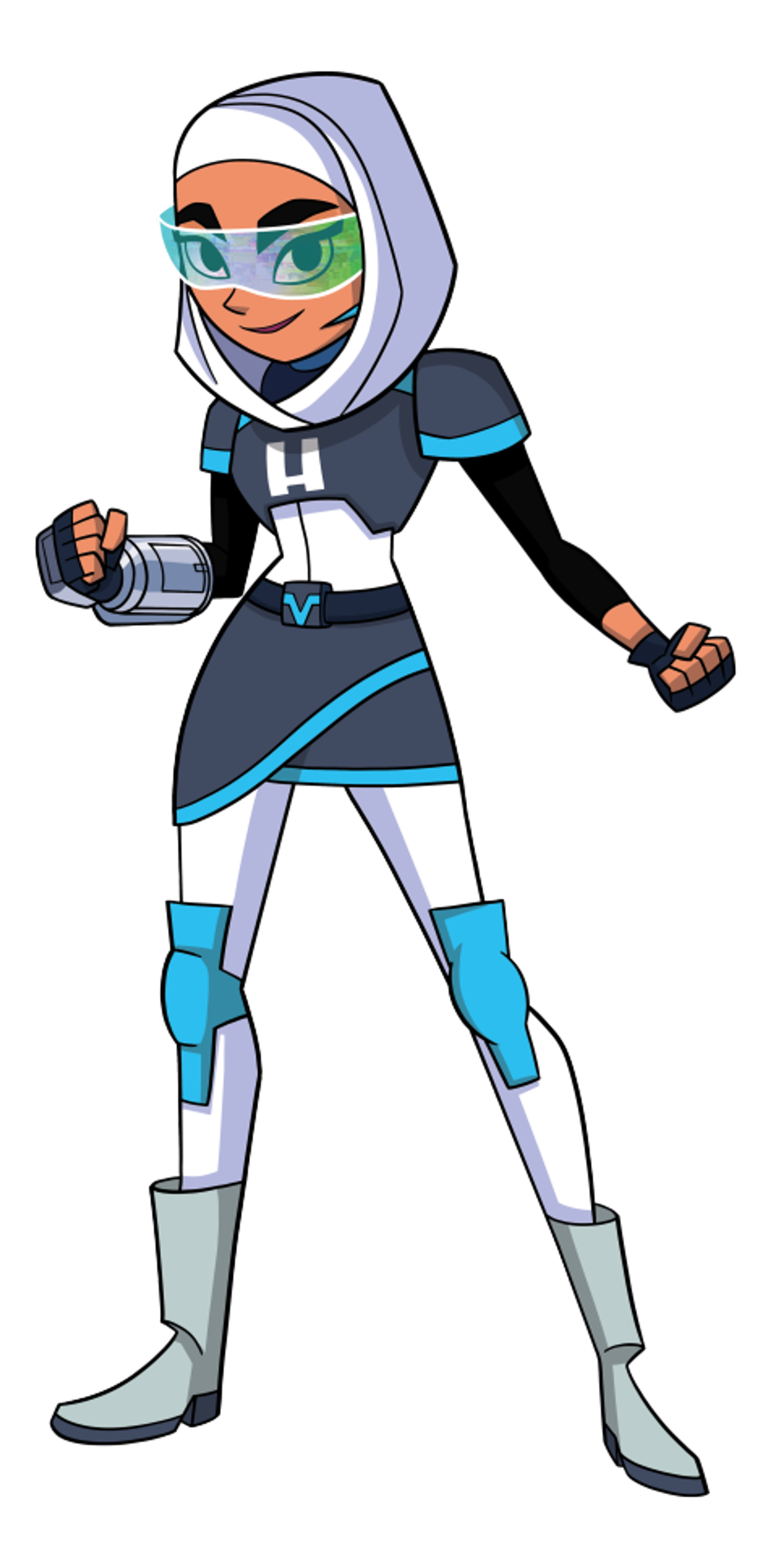 A young female character in a heroic pose wearing a hijab and a black and blue bodysuit