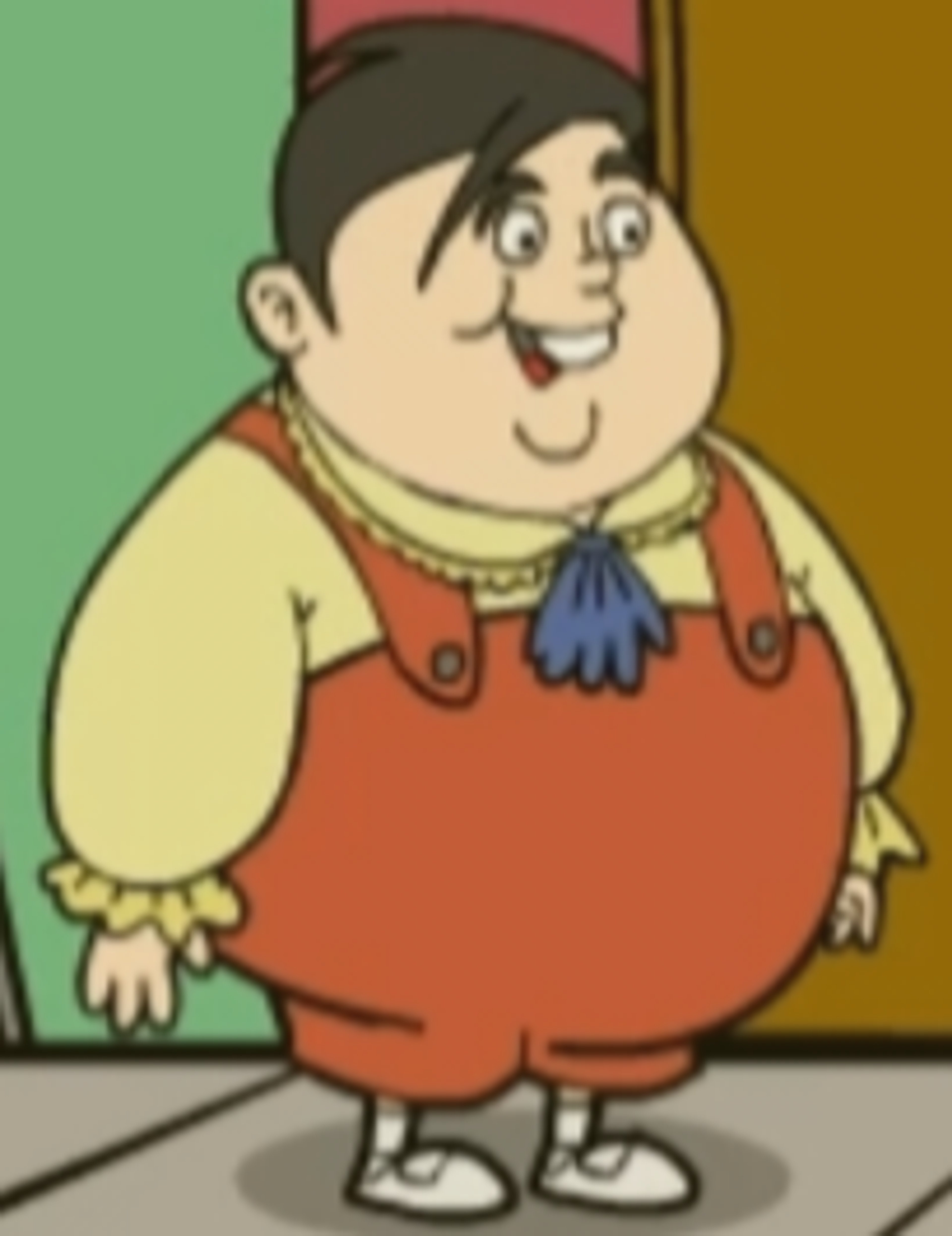 A cartoon character of a chubby, smiling boy wearing overalls and holding a toy soldier