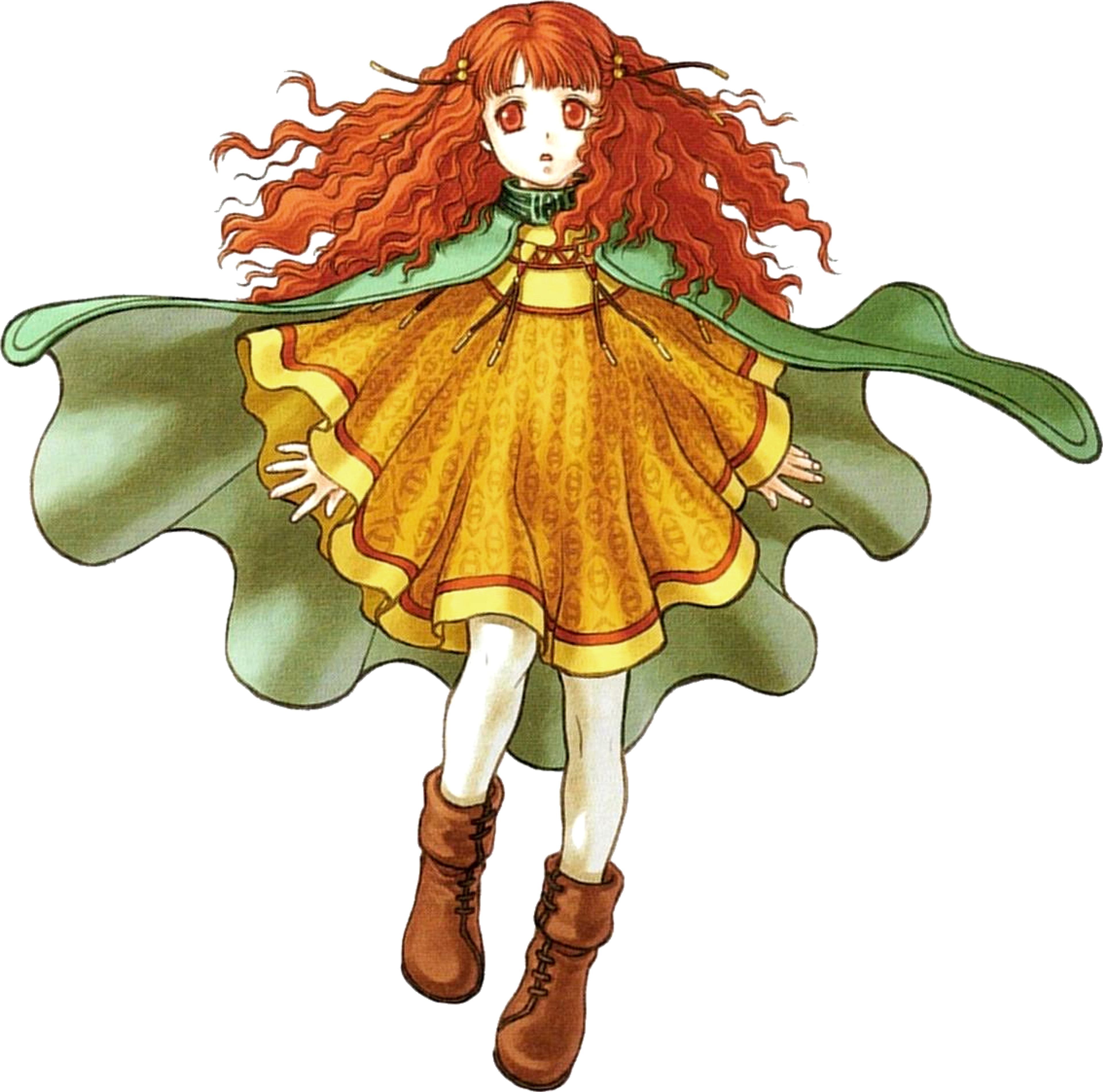 An anime-style female character with long red hair, wearing a yellow dress and green cape, with a whimsical expression