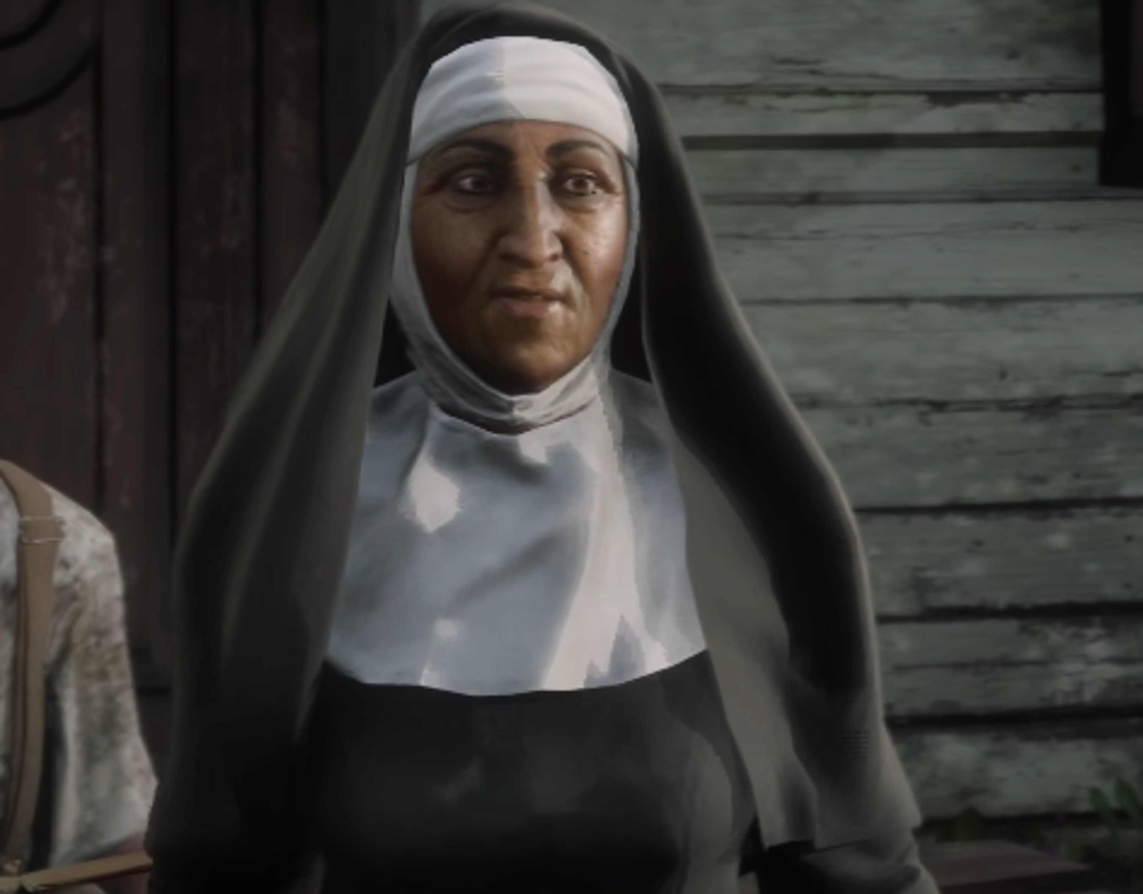 An elderly nun with a stern yet compassionate expression