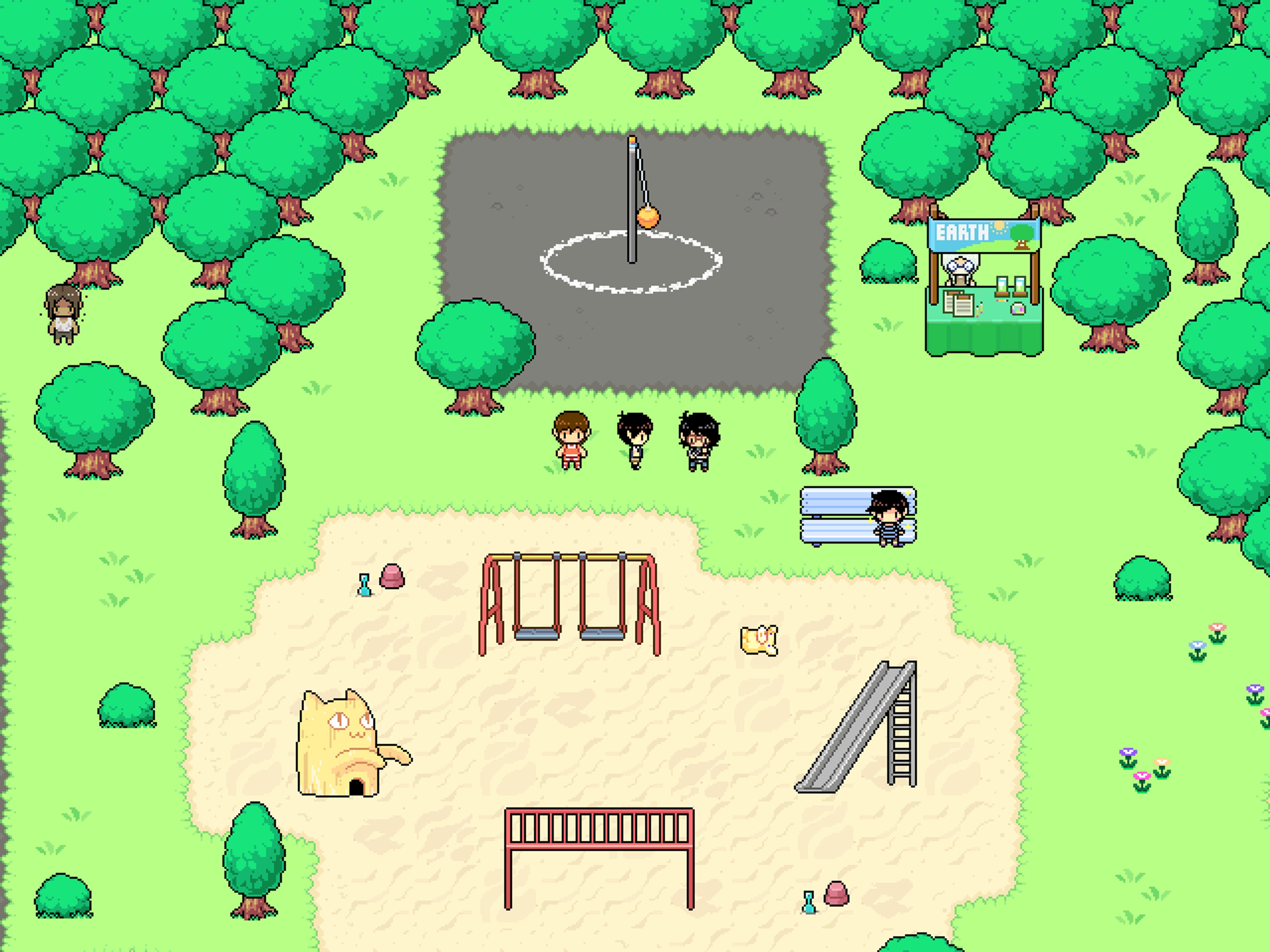 A detailed pixel art scene of a park with a pond, trees, and a young female character sketching in a notebook.
