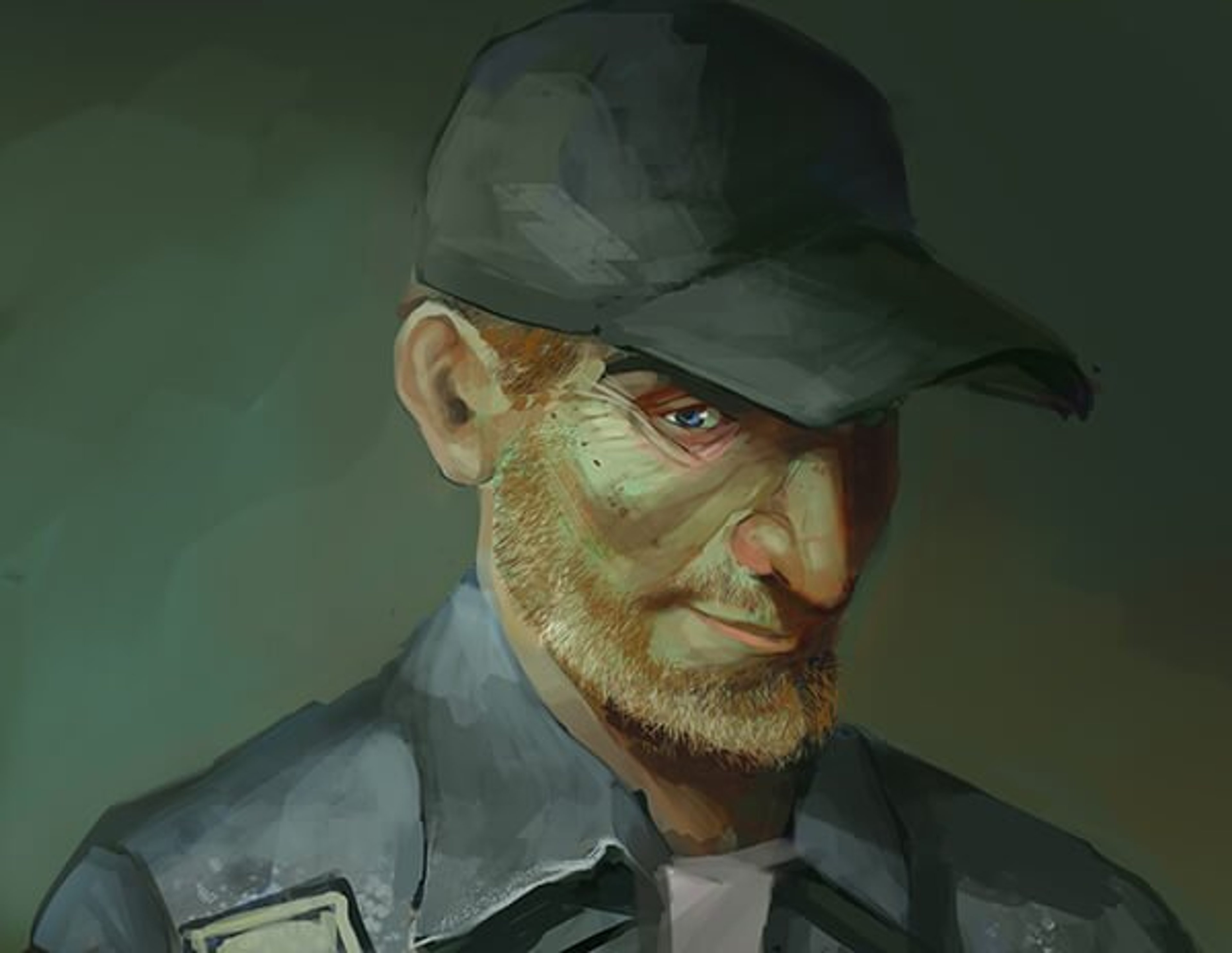 A grizzled, bearded man with a intense expression, wearing a dark cap