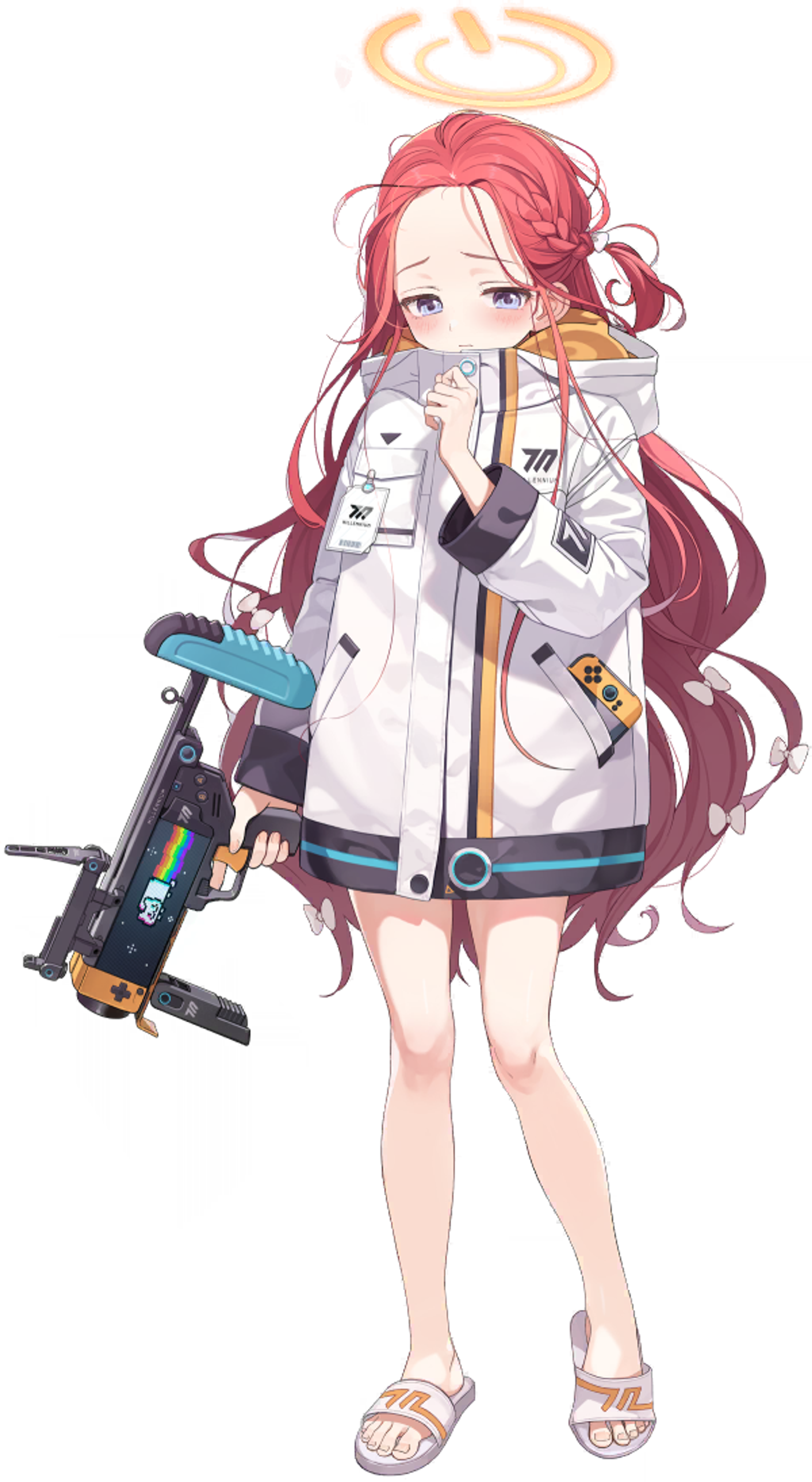 An anime-style girl with pink hair and green eyes, wearing a white coat and holding a futuristic device.