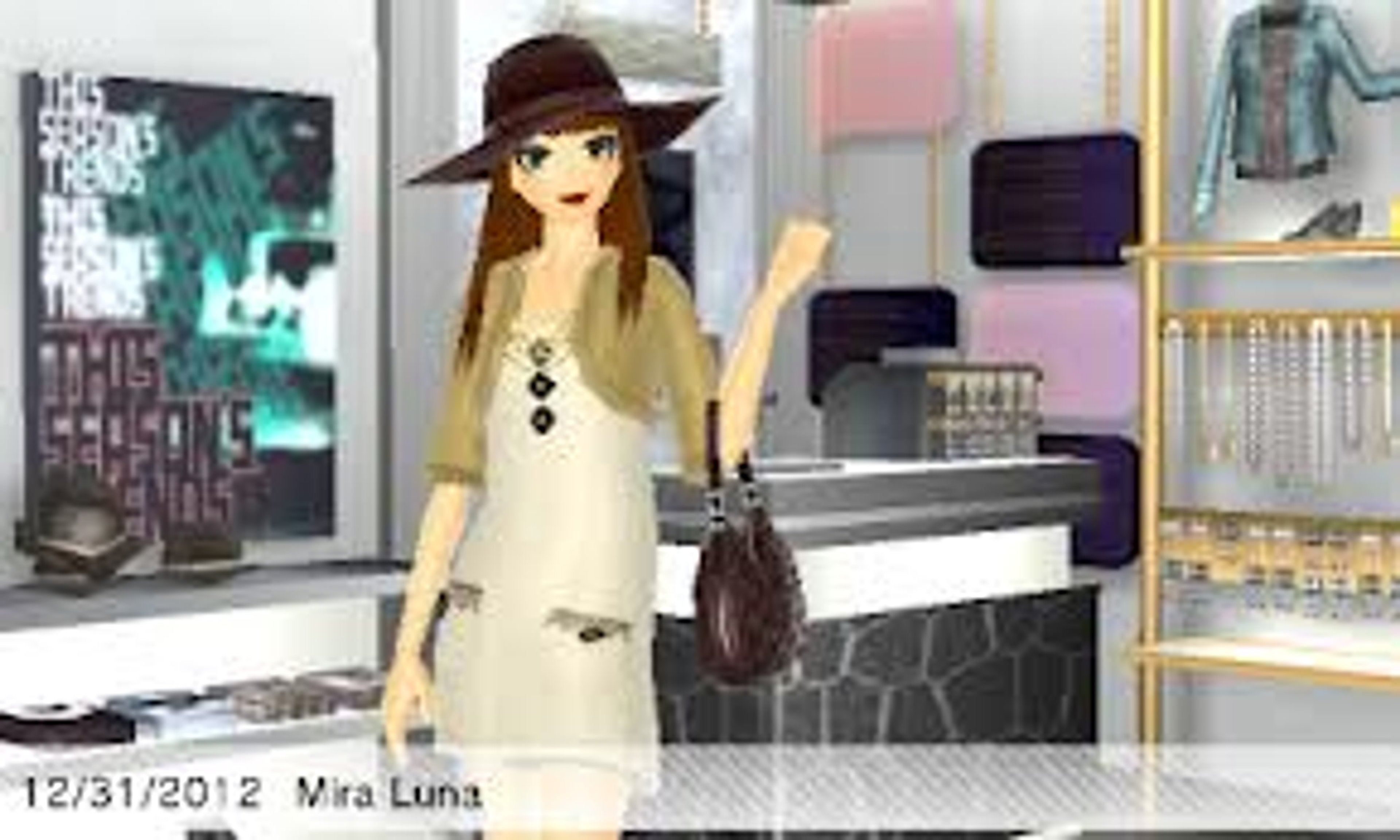 A young woman in a white dress and brown hat standing in a fashion boutique