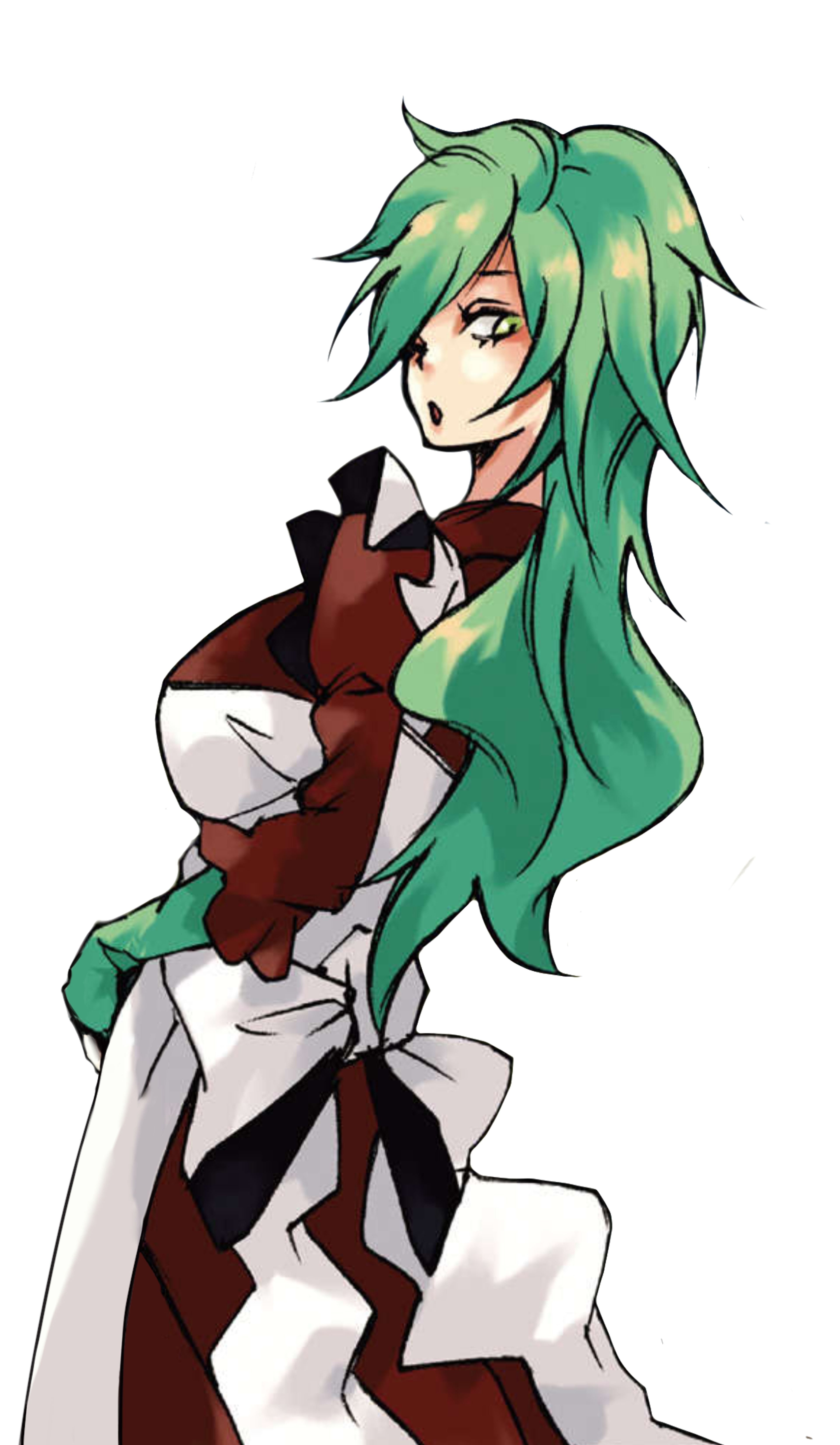 An anime-style character with green hair and a red and white outfit