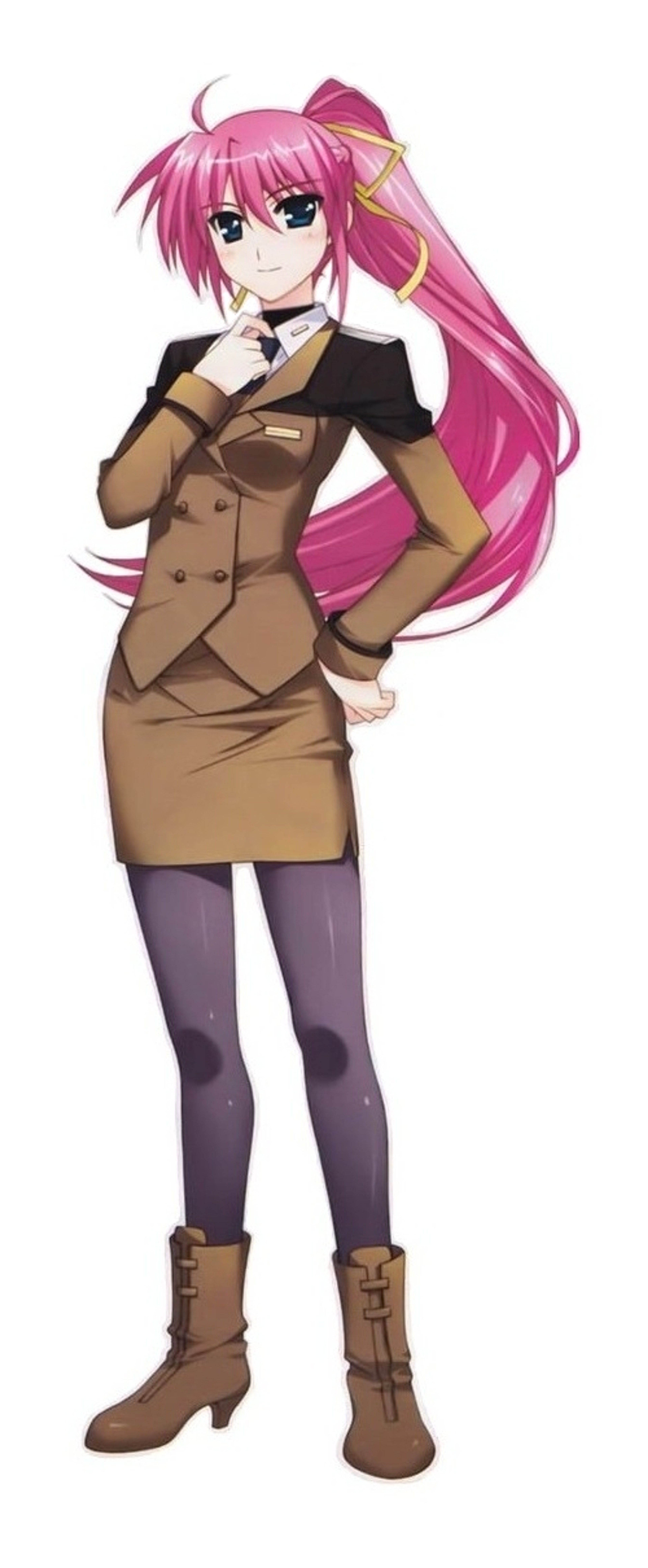 An anime-style character with pink twin-tailed hair wearing a tan trenchcoat-style outfit