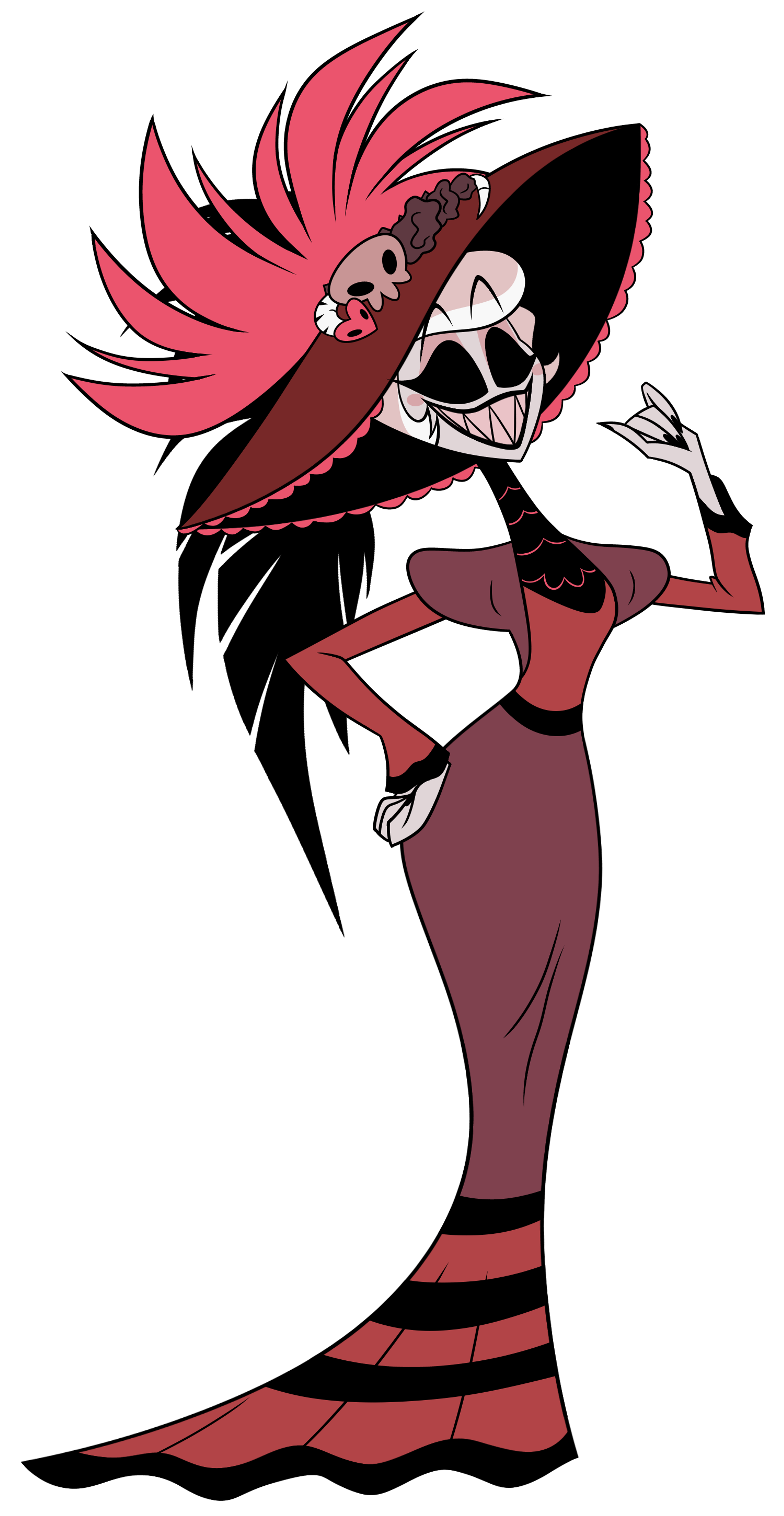 A detailed illustration of a tall, elegant demonic female character with red hair and an ornate vintage-style dress.