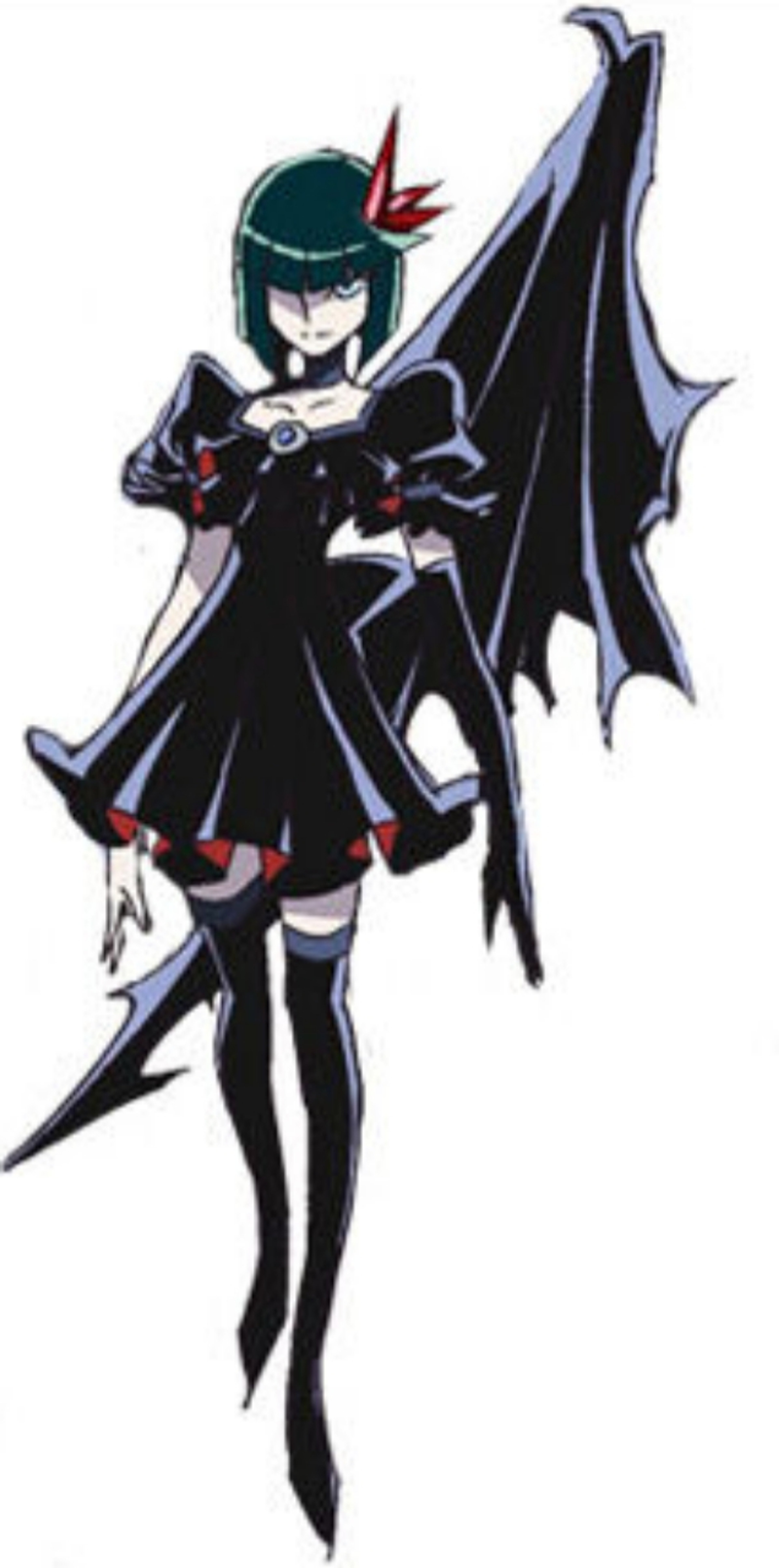 An anime-style character with heterochromatic eyes, a single black wing, and a dark, ruffled dress
