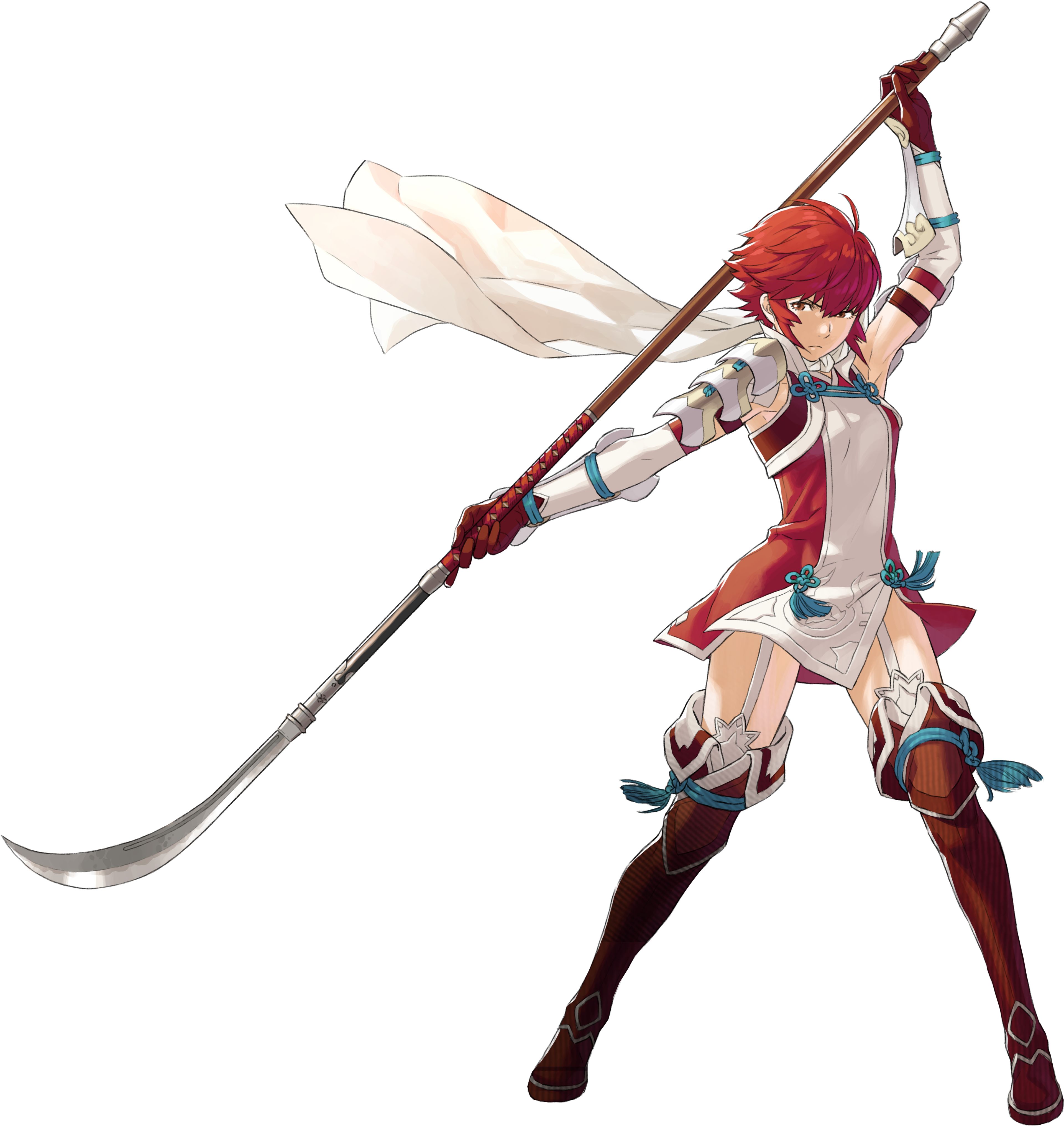 A female warrior character with red hair holding a long spear or naginata.