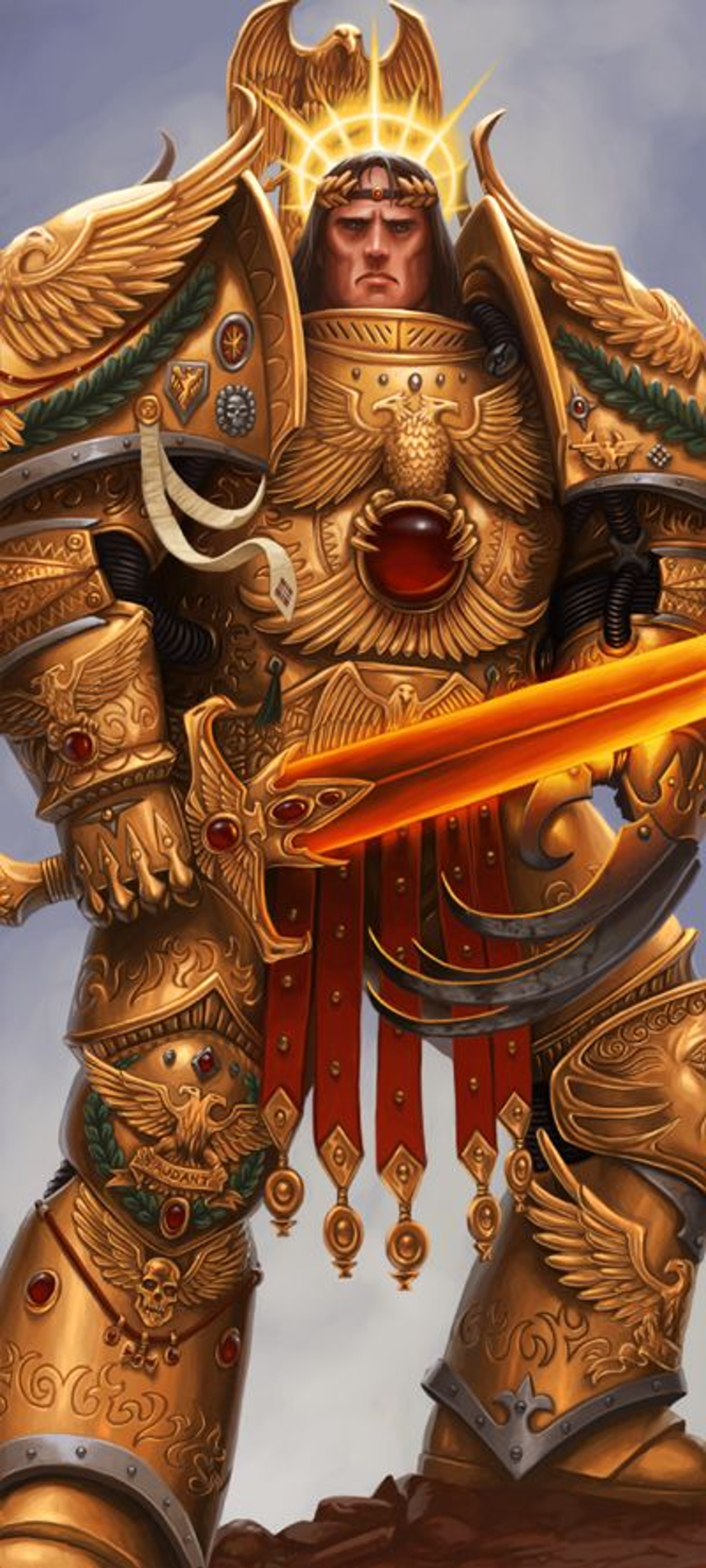 A powerful, armored warrior figure in ornate golden armor, holding a glowing sword.