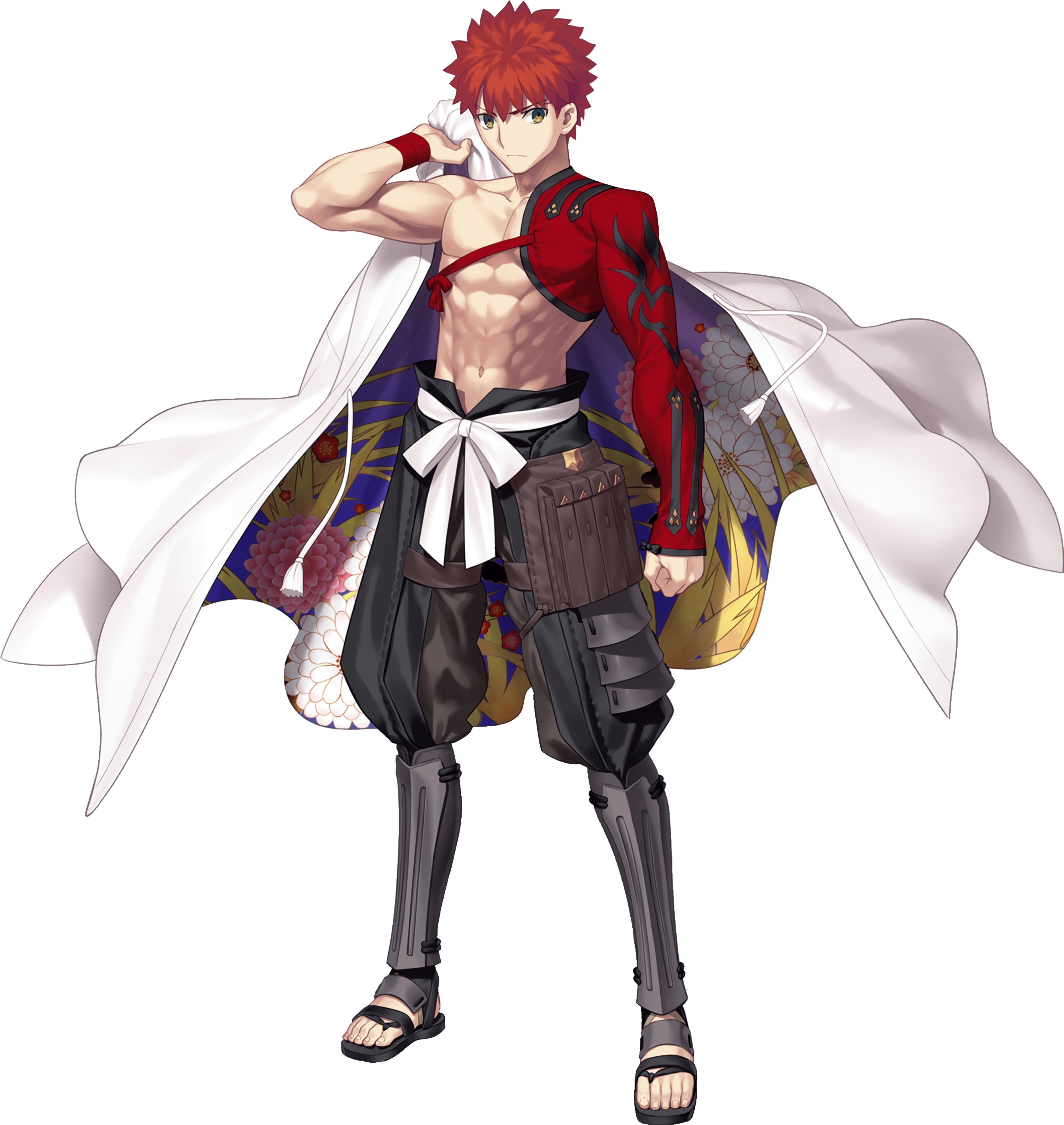 A young man with red hair and golden eyes in a fighting stance