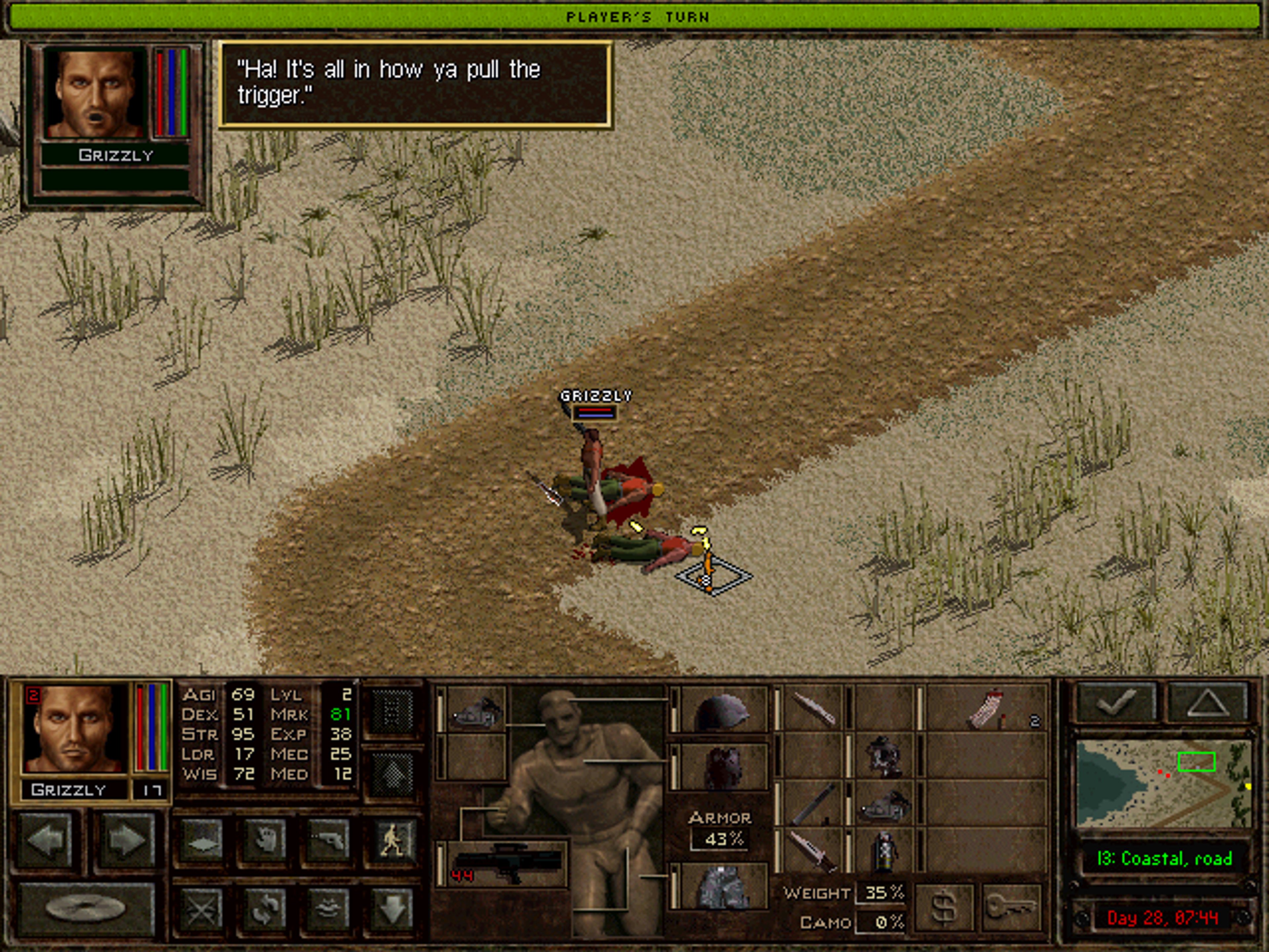 A burly, rugged-looking mercenary character holding a large firearm in a desert environment