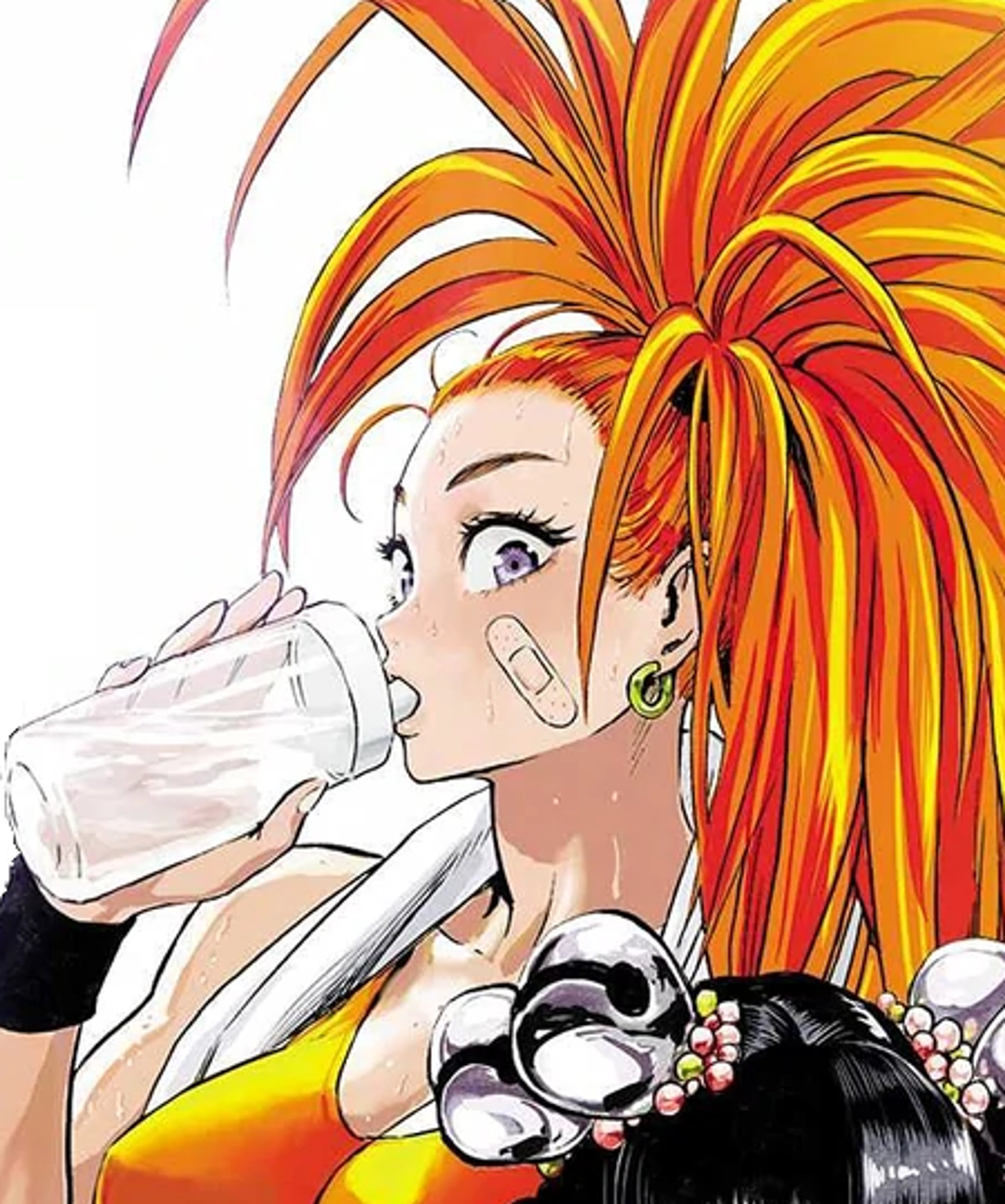 A muscular, athletic woman with long orange hair wearing a blue spandex outfit and medals around her neck.