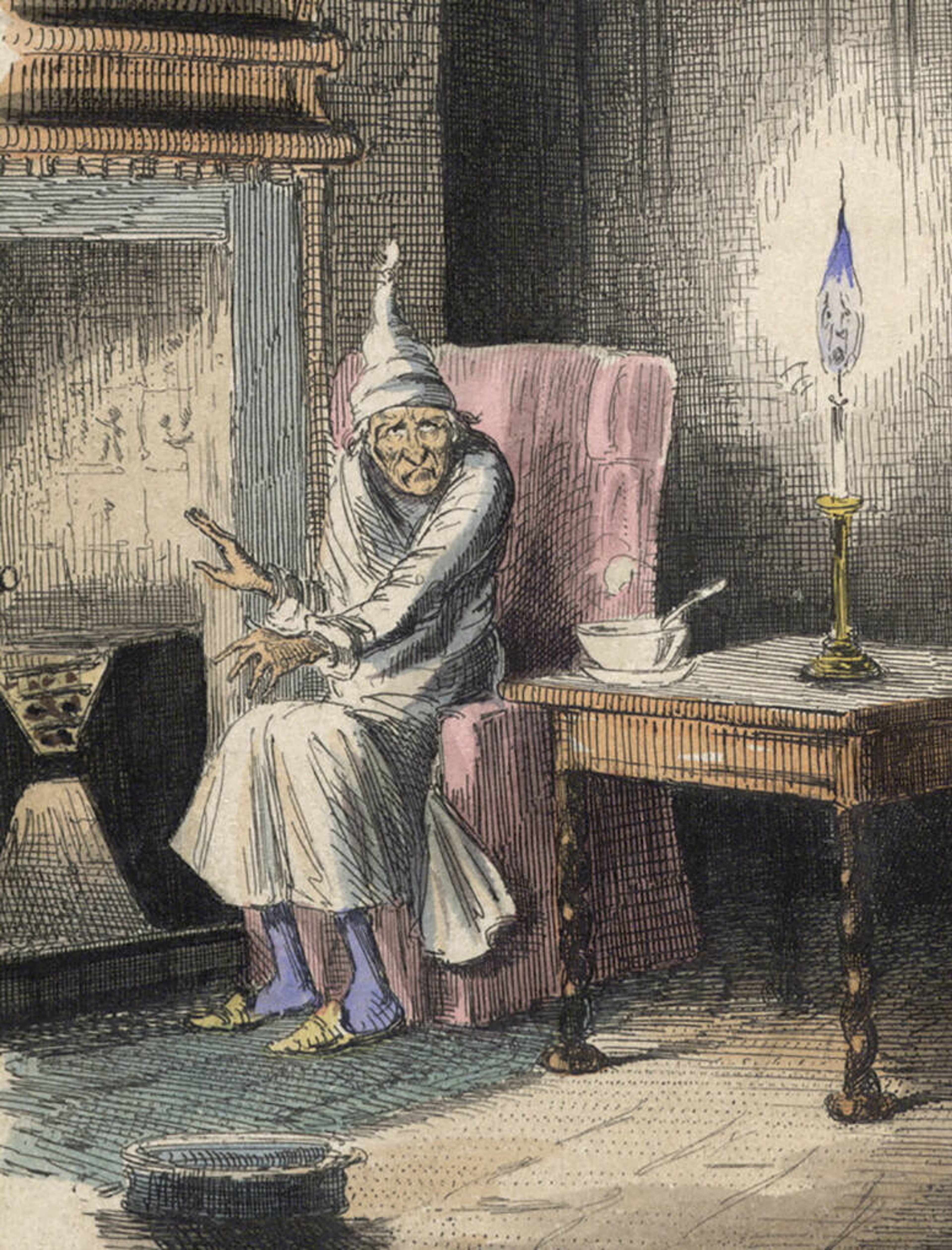 An elderly man with a long white beard sitting in a dimly lit room, appearing distressed.