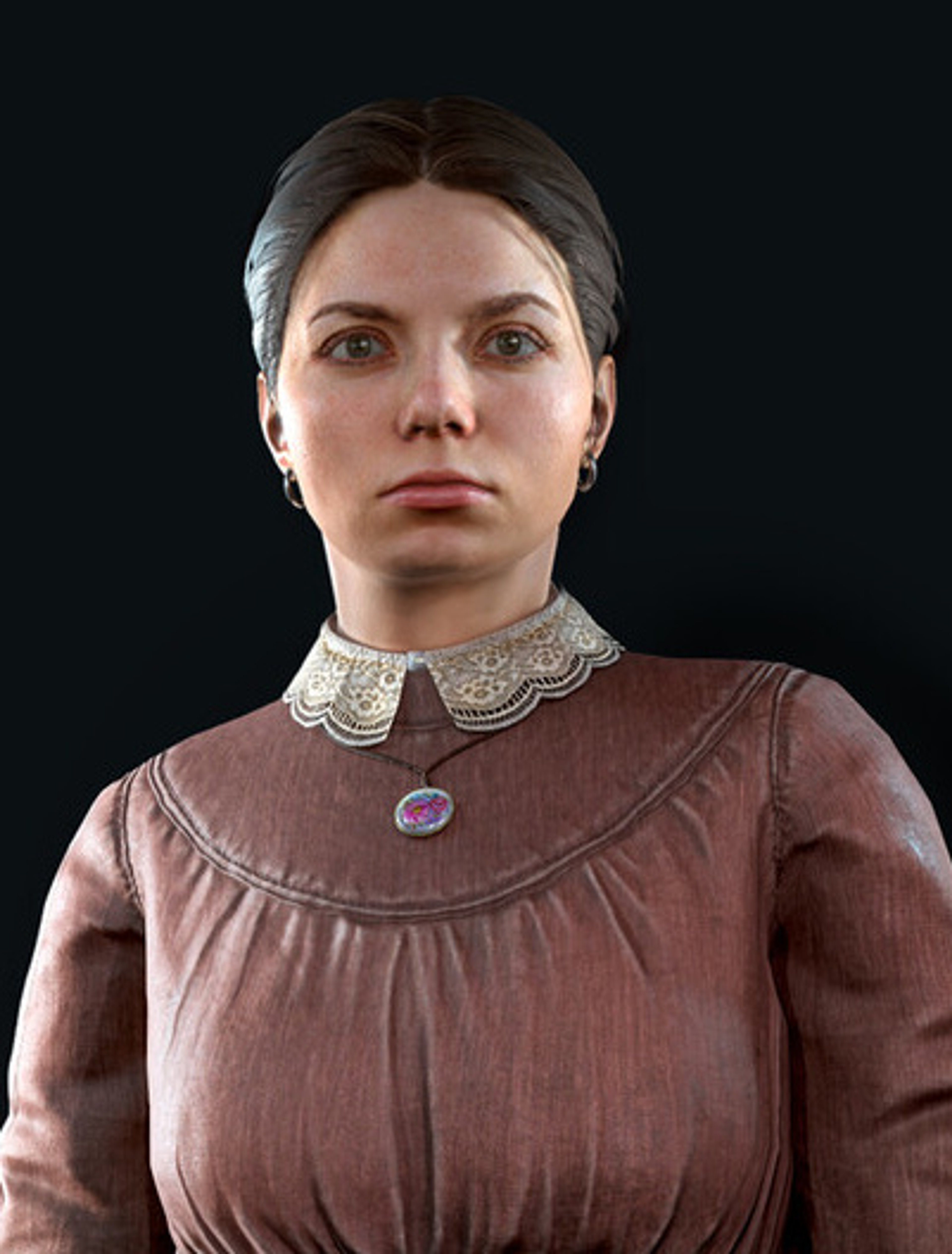 A woman with dark hair wearing a red dress with a high collar