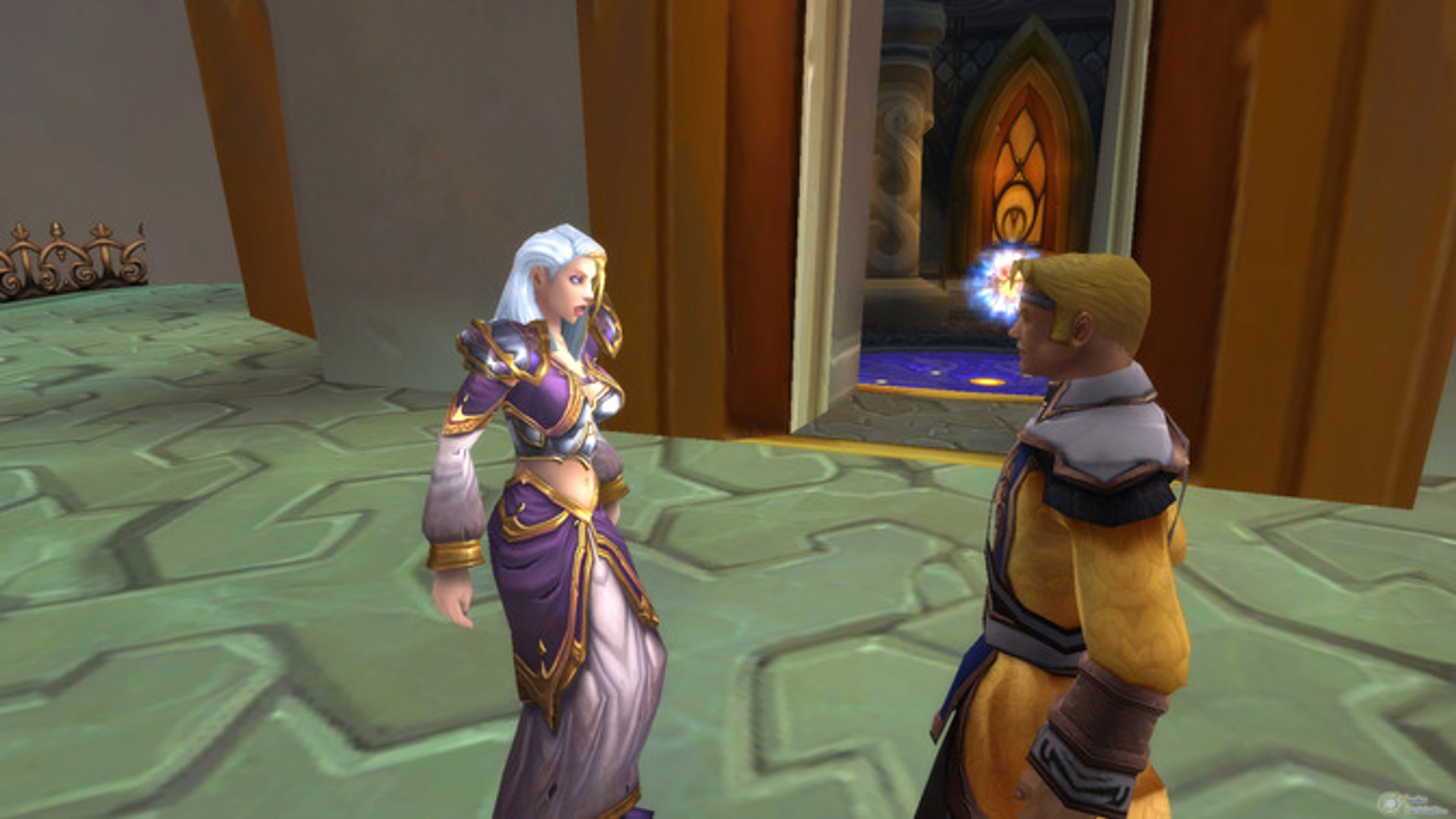 A female human mage with white hair and a purple and gold robe standing in a magical environment.