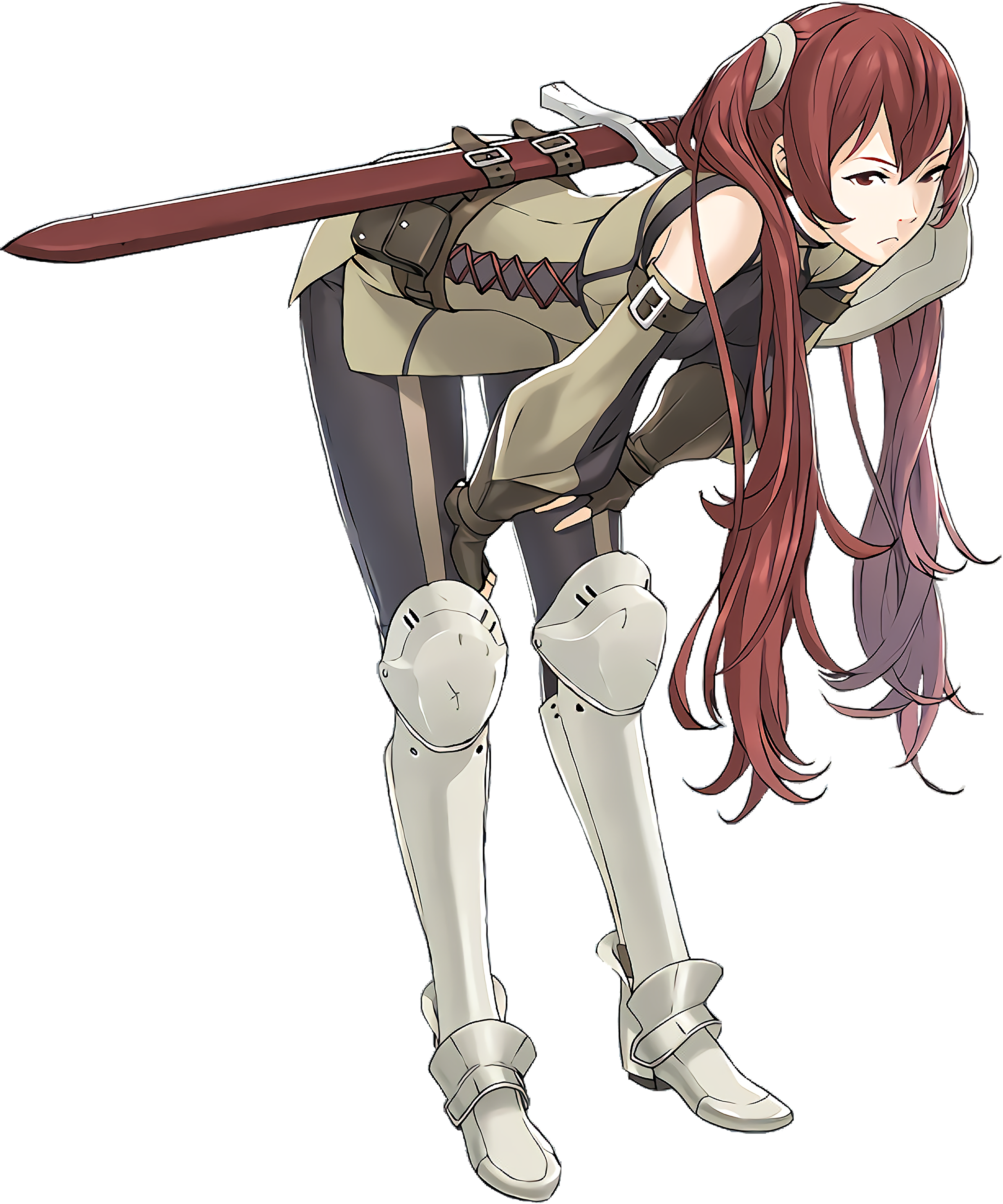A young woman with long reddish-brown hair wearing a tan military outfit and holding a large sword or weapon.